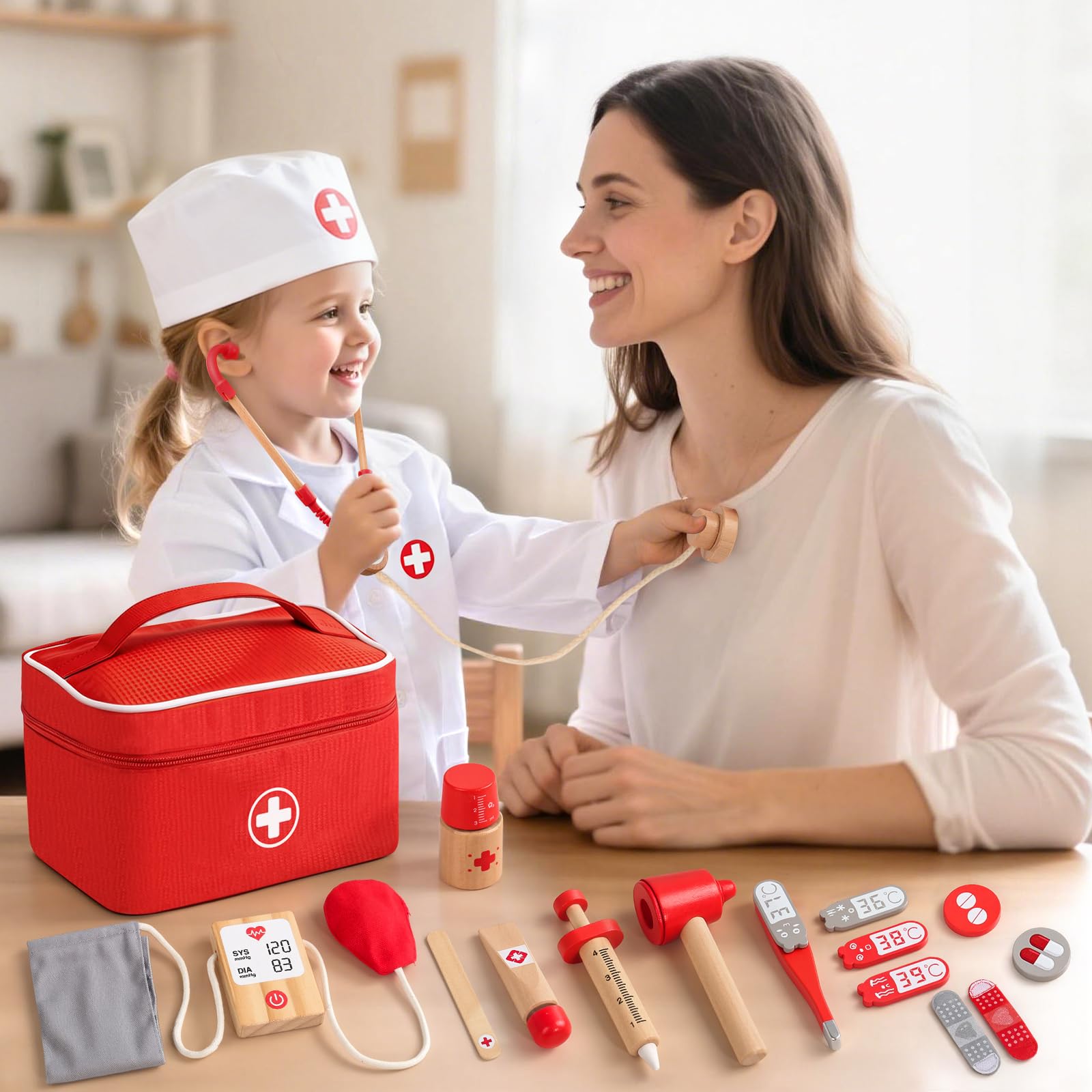 Jouet Enfant 3 Ans, Malette Docteur Enfant Jouet Fille Garçon 3 4 5 Ans, Jeux Enfants 3 Ans en Bois avec Blouse de Médecin, Mallette de médecin, Stéthoscope, Cadeau Enfant 3 Ans Jeux d'imitation