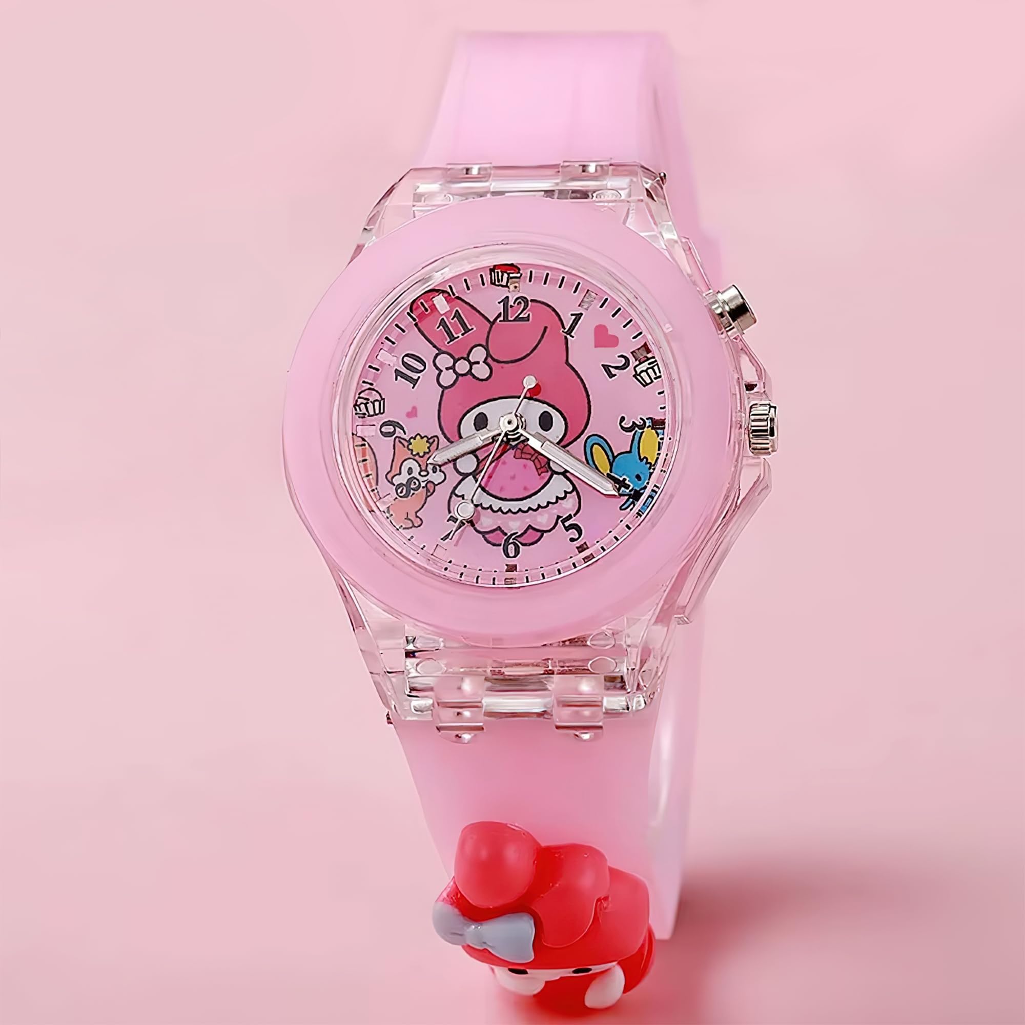 Montre à quartz analogique pour fille - Bracelet en silicone coloré - Cadeau pour filles de 3 à 10 ans - Scintillante - 3D - Lumière LED clignotante - My Melody - Rose - Emballée dans une