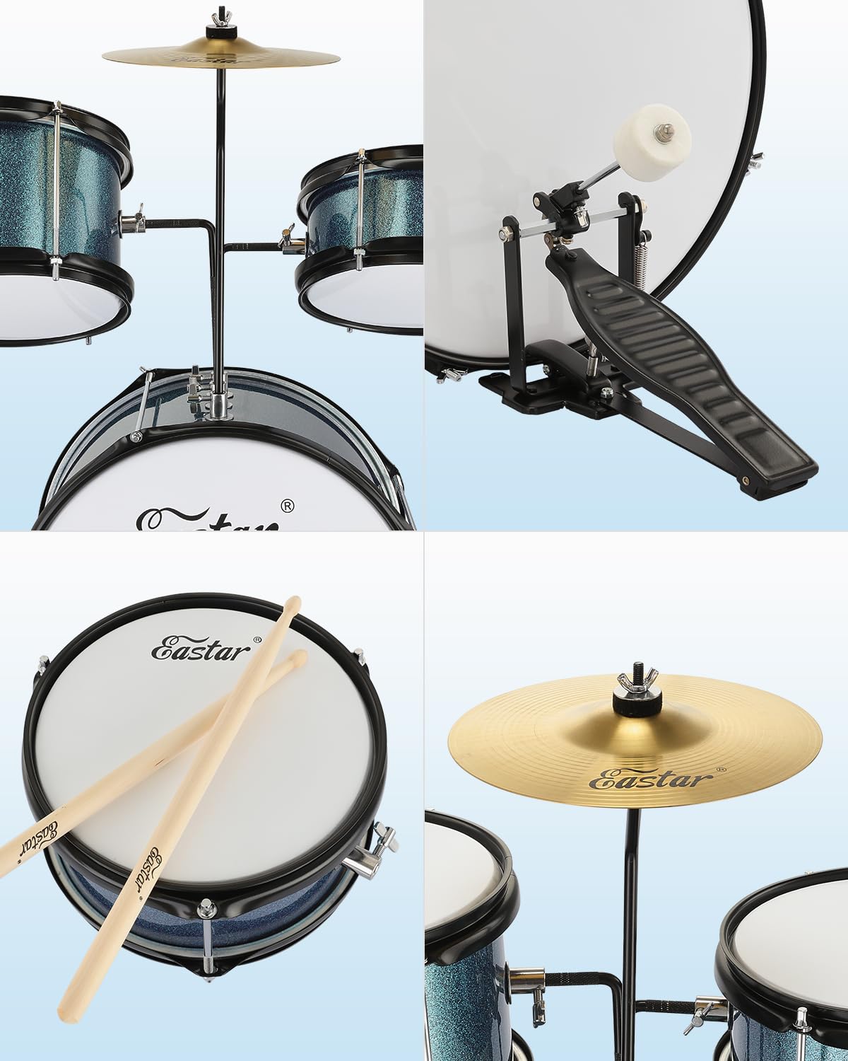 Eastar Schlagzeug 14" 3 PC, für 3-10 Jahre Kinde, Schlagzeug Set mit Snare, Tom, Bass Drum, Bass Drum Pedal, Thron, Becken, Drumsticks, Himmelblau