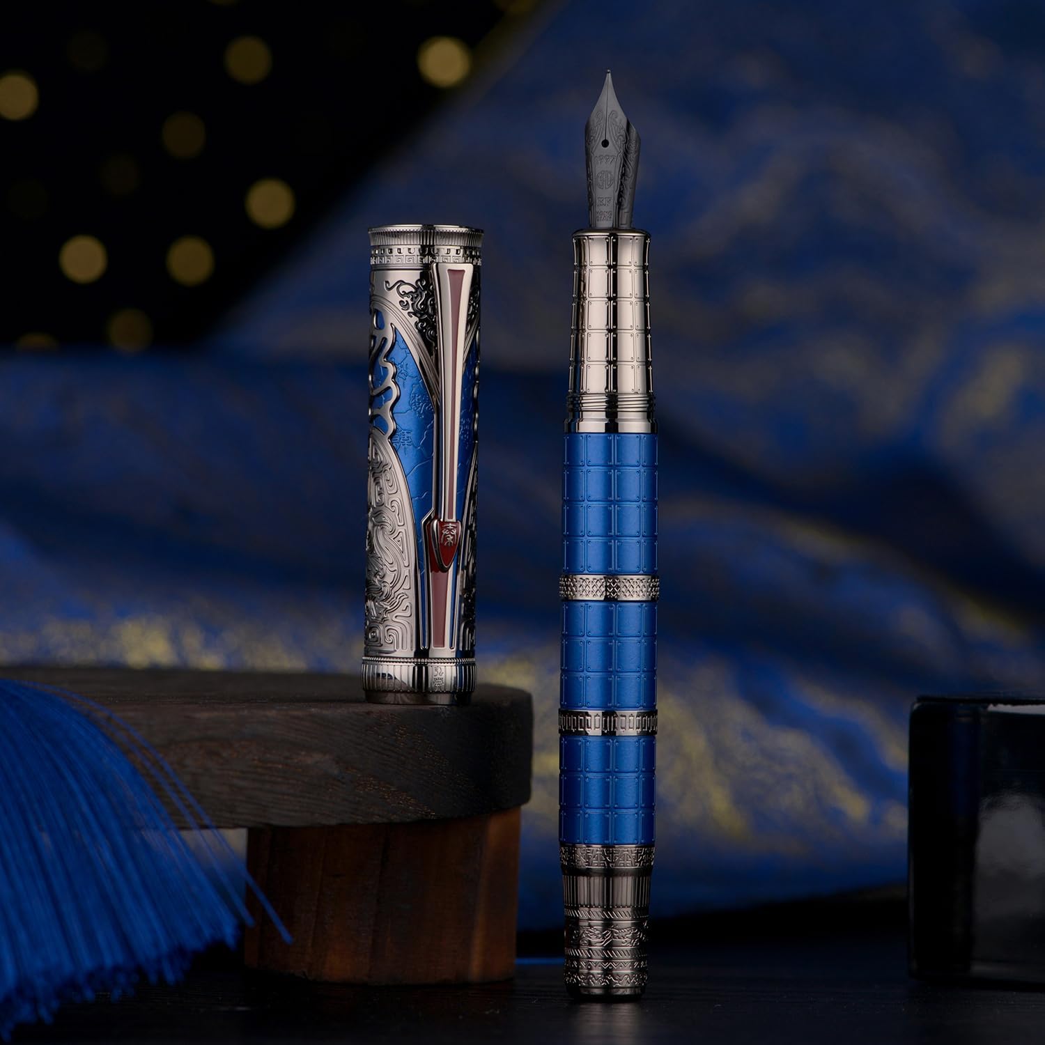 Hongdian D5X Fountain Pen Blue Color Extra Fine Nib, Qin Dynasty Retro Chinese Totem Engraving Smooth Writing Pen with Converter and Pen Box Set