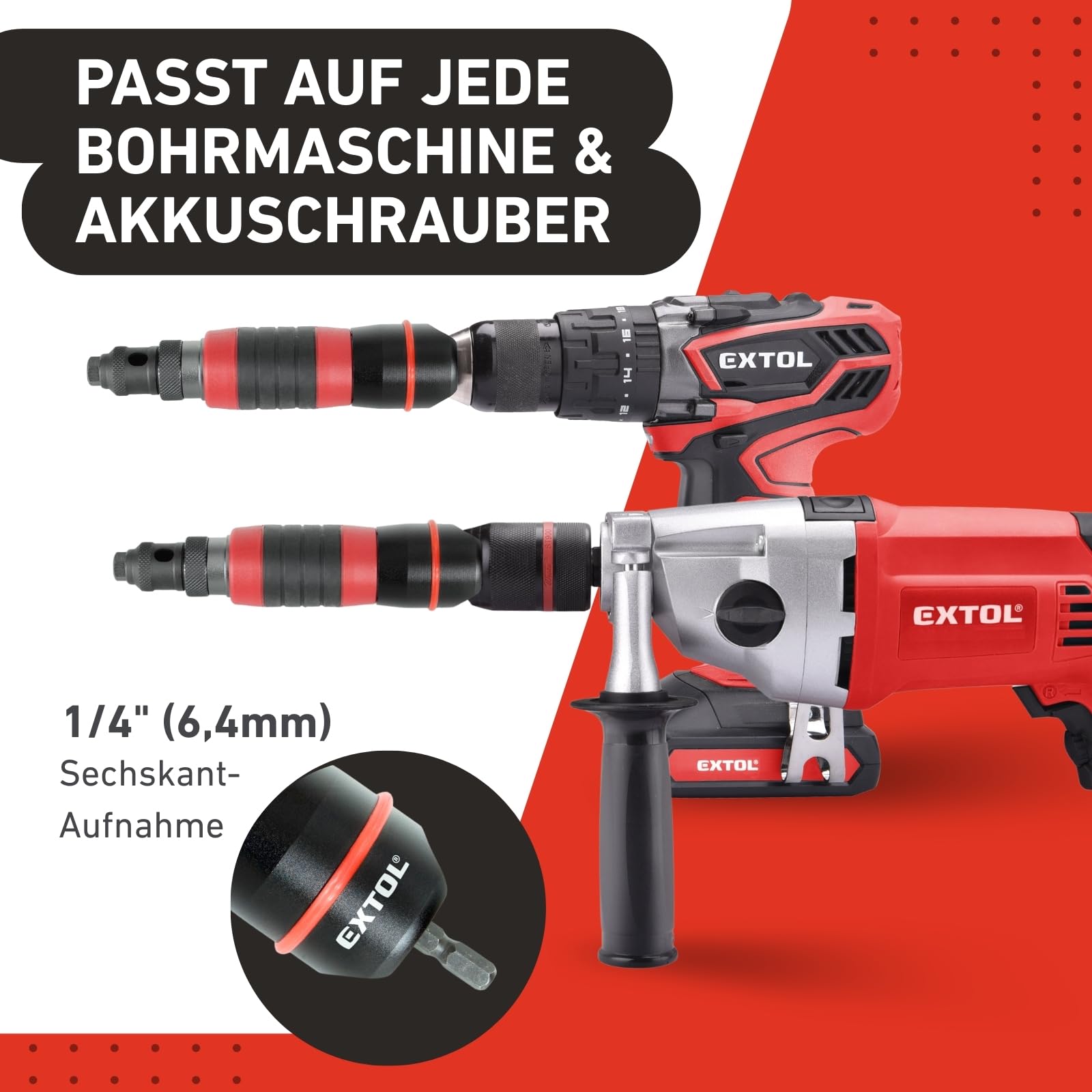 Nietenaufsatz - Für Bohrmaschine & Akkuschrauber mit 6mm Sechskantaufnahme - Blindnietzange für 2,4-4,8mm Nieten - Universeller Nietaufsatz für Aluminium, Stahl & Edelstahl Blindnieten