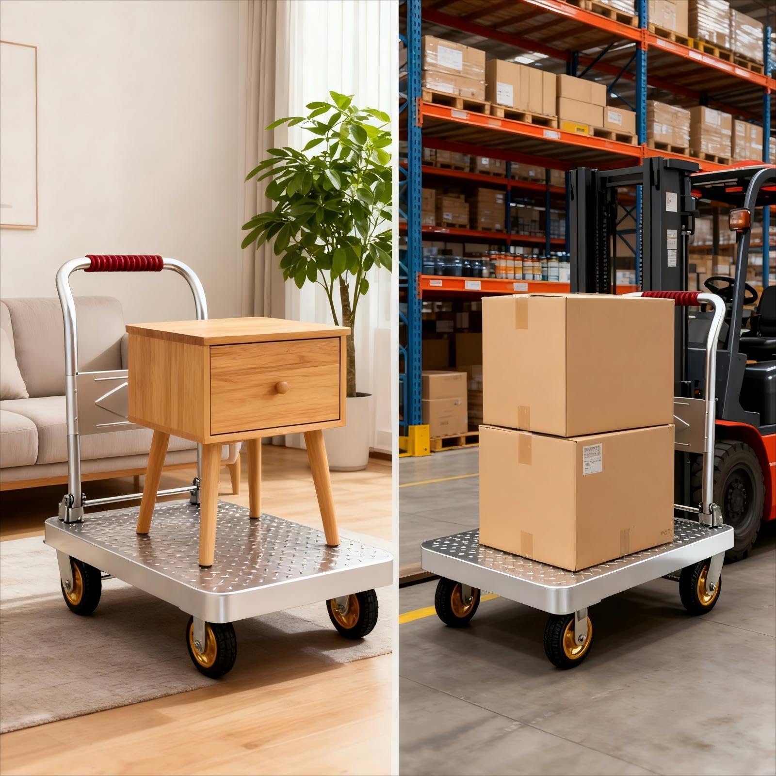 Carrello a Piattaforma Industriale, Carrello Portatutto Acciaio Rinforzato con 4 Ruote Pivotanti 360°, Carrello Pieghevole 100/230/500kg per Carichi Pesanti e Stoccaggio (73x48cm)
