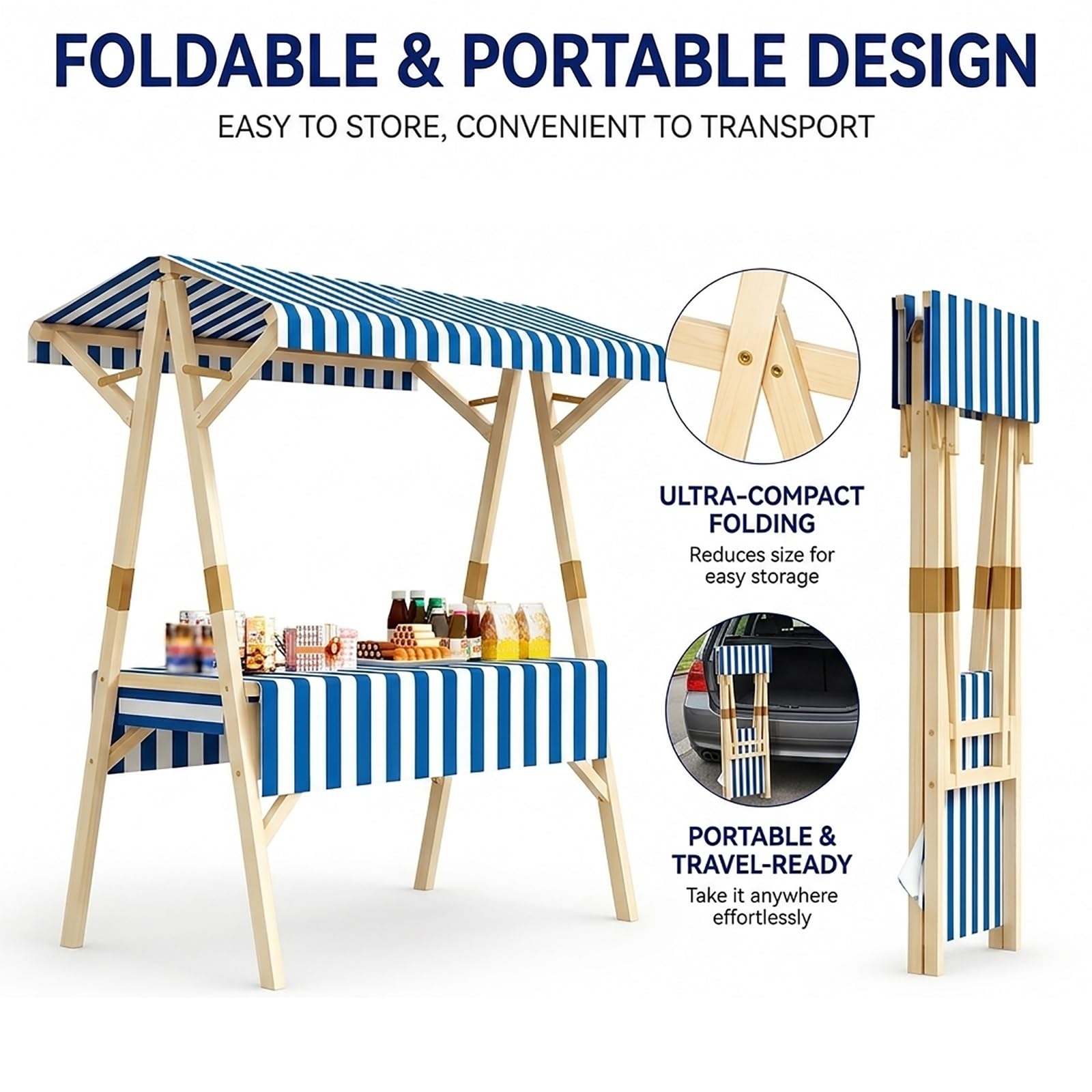 Puesto de Venta Ambulante Madera, Mostrador Mercado Plegable con Toldo, Carrito Comida Portátil para Limonada, Café, Helados, Quiosco para Street Food, Mercadillos y Festivales(Red,150cm/59)