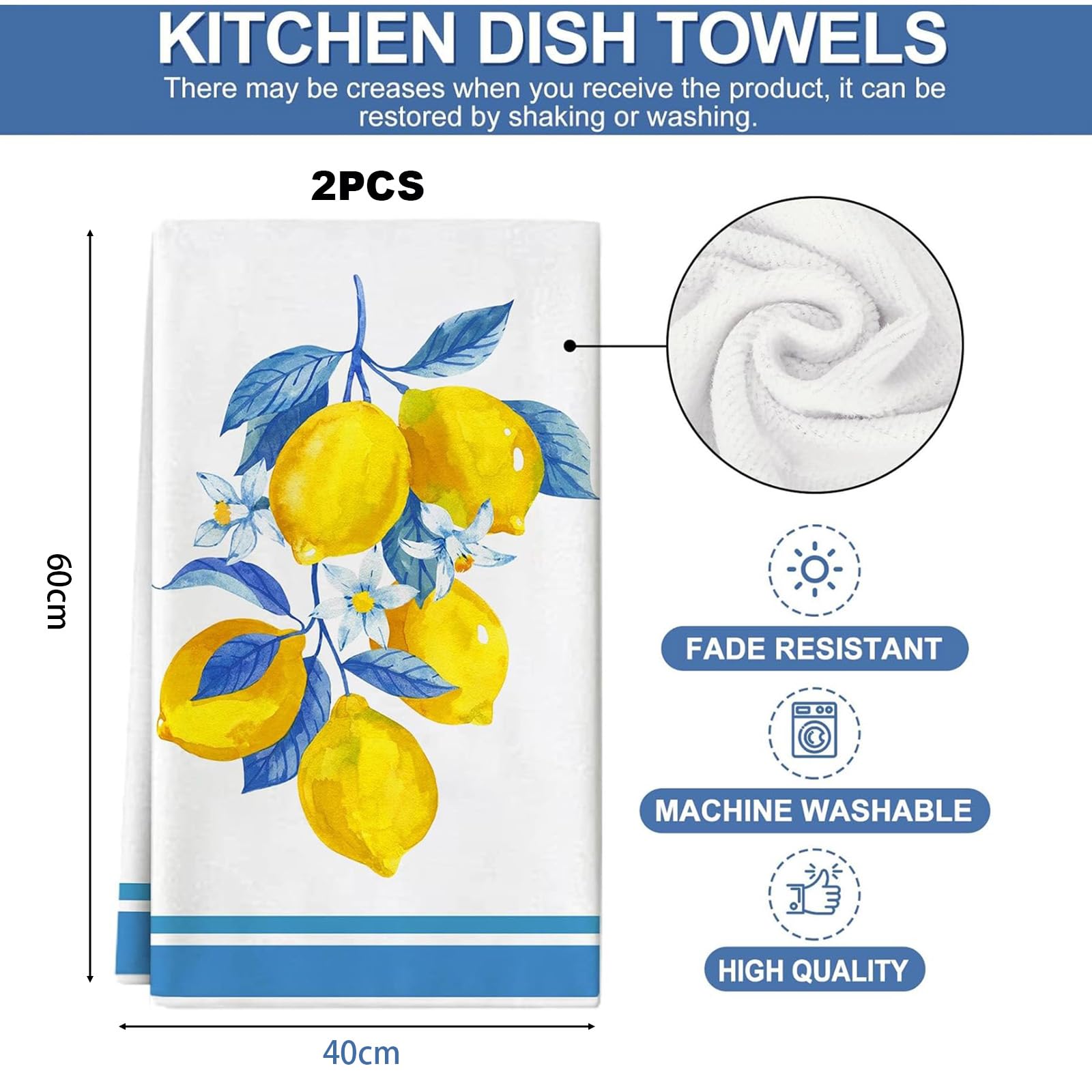 Geschirrtuch Zitrone, Zitronen Deko 2 Stück 40x60 cm Küchentücher Geschirrtücher mit Blumen Floral Sommer Design, Saugfähig und Schnell Trocknend, Frühling Sommer Dekoration Handtücher für Küche
