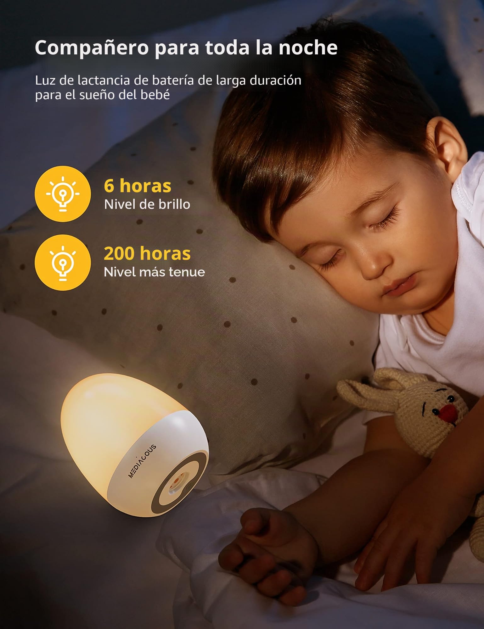 MediAcous Luz Nocturna Infantil Luz Quitamiedos Lámpara LED para Niños Recargable con Función Control Temporizador Luz Cálida con Base de Recarga, Regalo para Niños