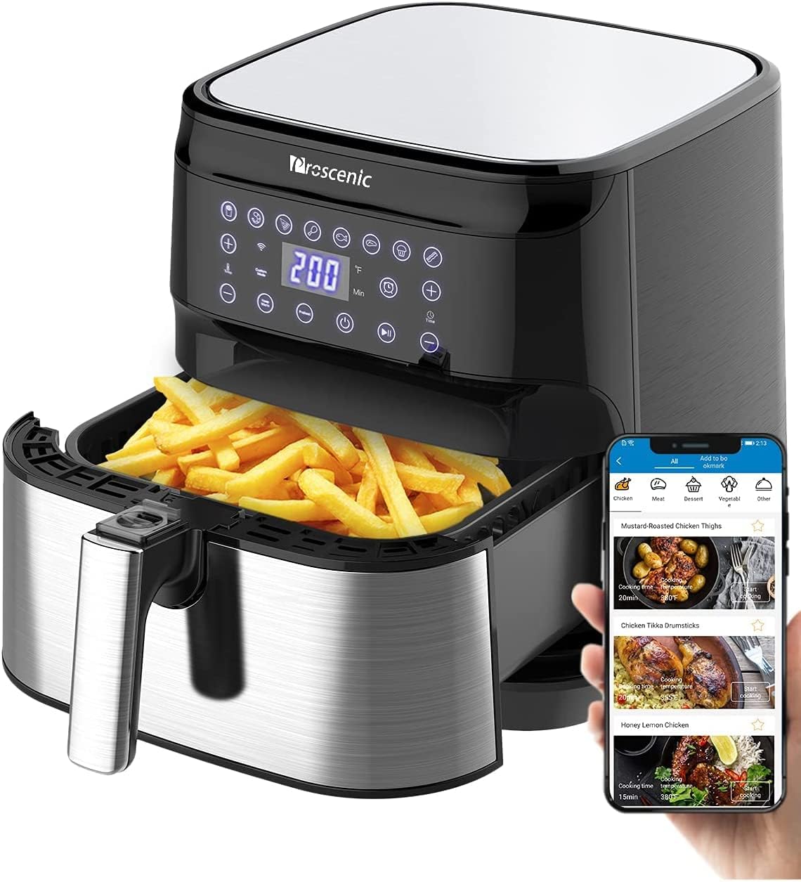 Proscenic T21 Friggitrice ad Aria, 5.5L Air Fryer Controllo con App & Alexa e Display LED Toccabile, Funzioni Timer/Preriscaldamento/Programmi/Senza BPA e PFOA per Patatine Fritte/Ali di Pollo/Pizza