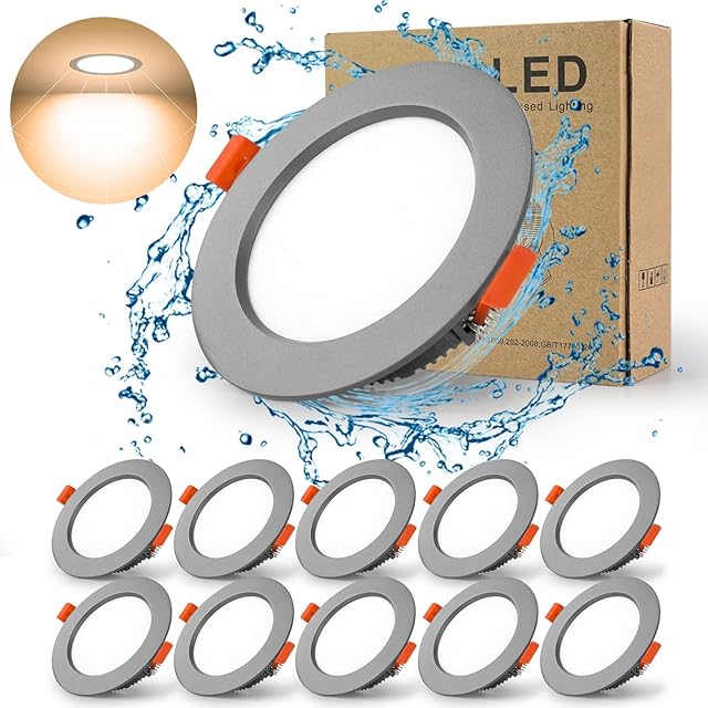BAGZY Downlights Spotlights LED Recessed Ceiling Light 5W Ultra Slim 10 Packs 500LM Warm White 3000K,Cut Φ70-80MM,IP44 AC 220V,Beam Angle 120° Round,for Living Room Bedroom Kitchen Bathroom (Grey)