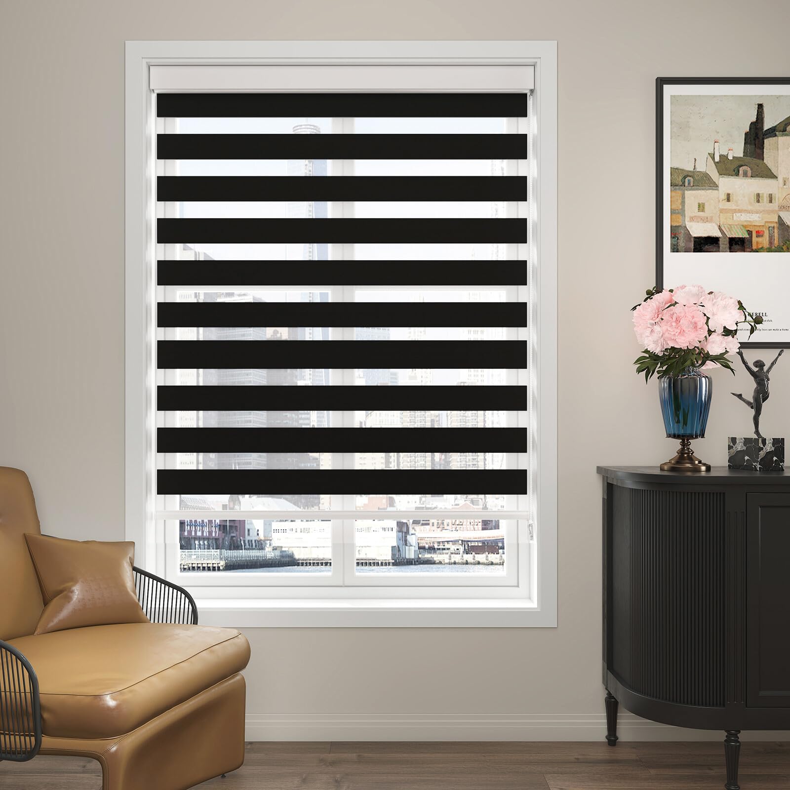 Custom Zebra Blinds for Windows Corded Zebra Shades Dual Layer Light Filtering Privacy for Day and Night, Light Control and Protecting Privacy, Black