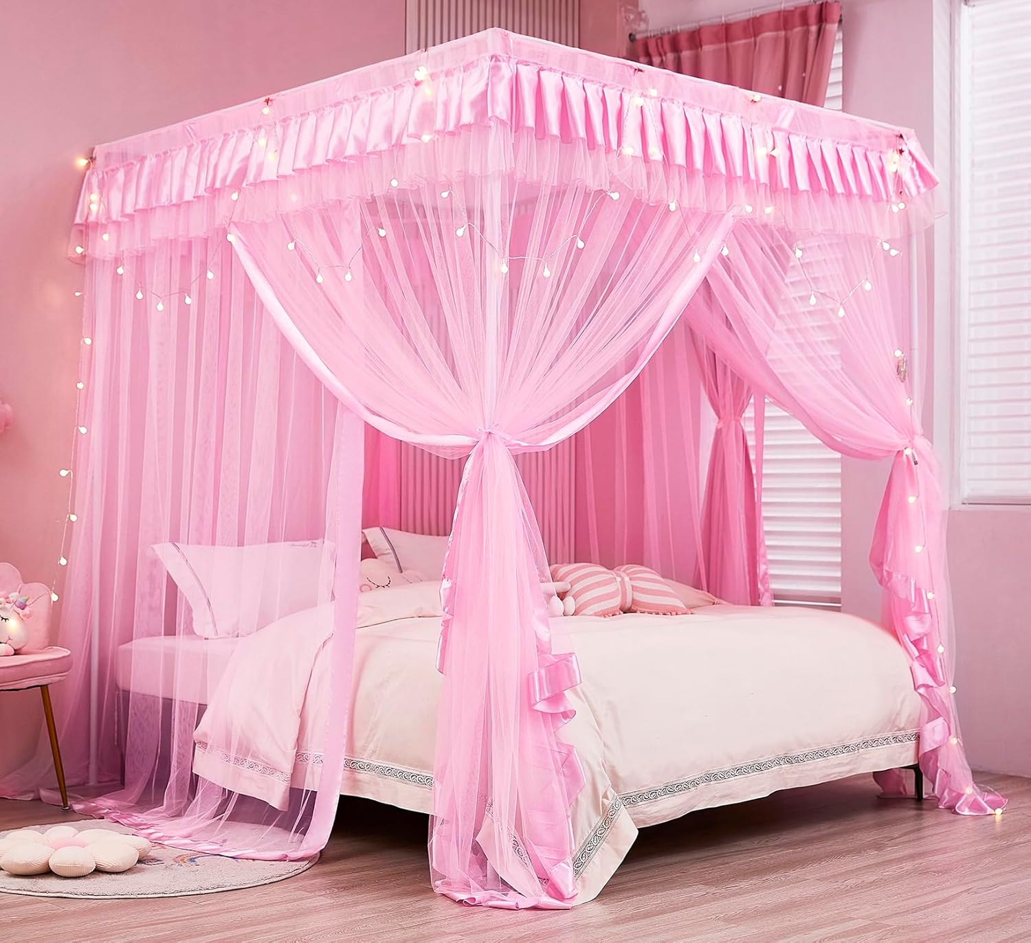 Mengersi Pink Princess Bed Canopy for Girls Twin - Fairy Curtains Drapes, Bedroom Decor & Birthday Gift (39x78x78")