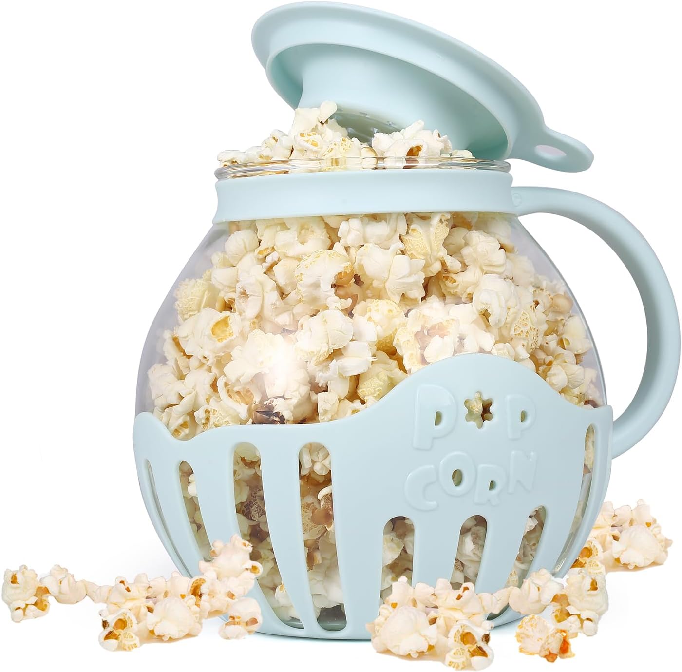 MMUGOOLER Glass Microwave Popcorn Popper, 2.25QT Original Popcorn Jar with Silicone Lid, Without BPA, Dishwasher Safe- Blue