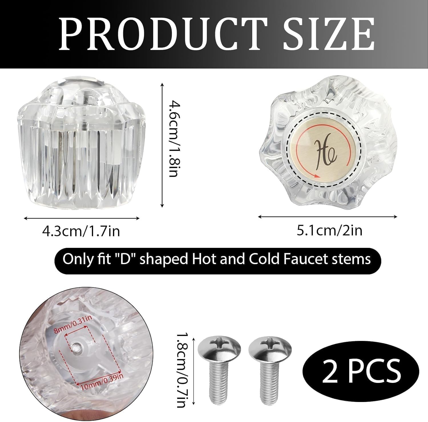 2 Pcs Bathtub Faucet Handles Shower Knobs Replacement Hot and Cold Bathroom Sink Faucet Knob Replacement with Screws Inner Hole Diameter of 8mm Compatible with Delta/LDR/Delex/Peerless Faucets, Gold