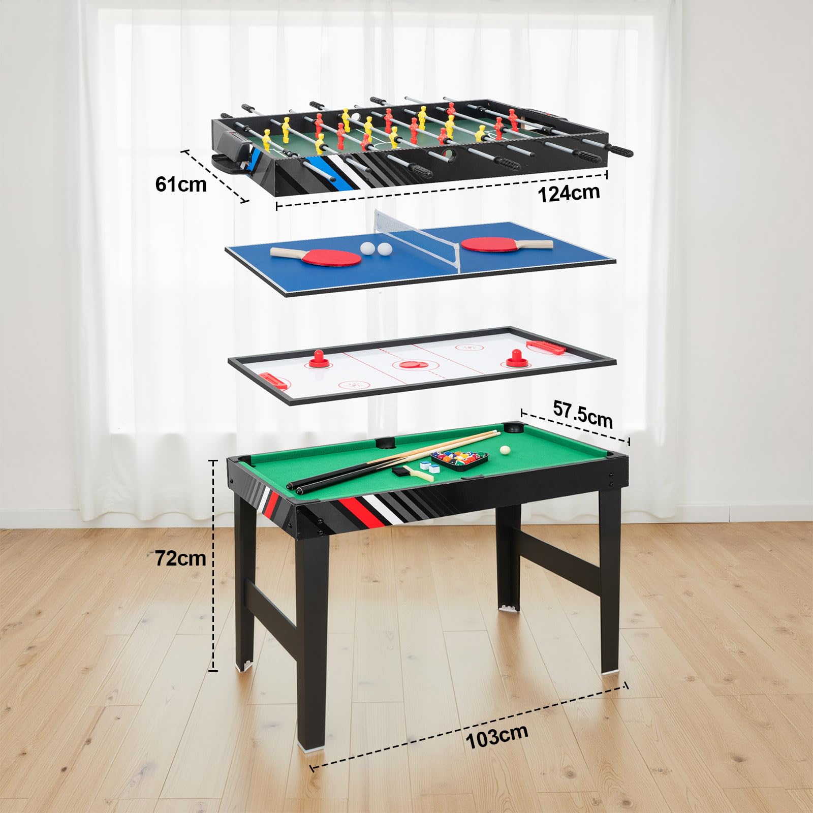 4-in-1 Multi Spieltisch, Multifunktionale Spieltische mit Tischkicker, Billard, Airhockey, Tischtennis, Multifunktionstisch Multiplayer Inkl. komplettem Zubehör, für Heimspielzimmer, Partybars, Kinder