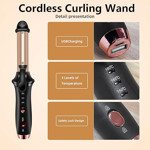 Miniatura 8 de Rizador inalámbrico recargable, rizador de pelo inalámbrico portátil de 4000 mAh, mini rizador de 3 ajustes de temperatura, rizador de viaje a