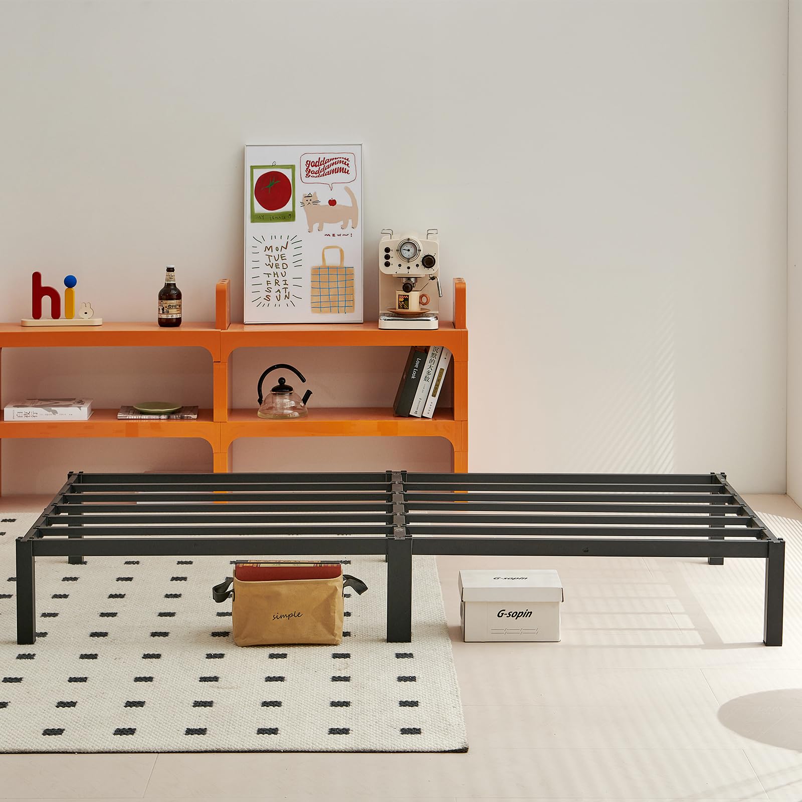 Struttura Letto 90x200 cm, piattaforma Letto a Doghe in Metallo, letto a blocchi, Letto Ospiti, Non sono necessarie viti o attrezzi per il montaggio, Nero Classico