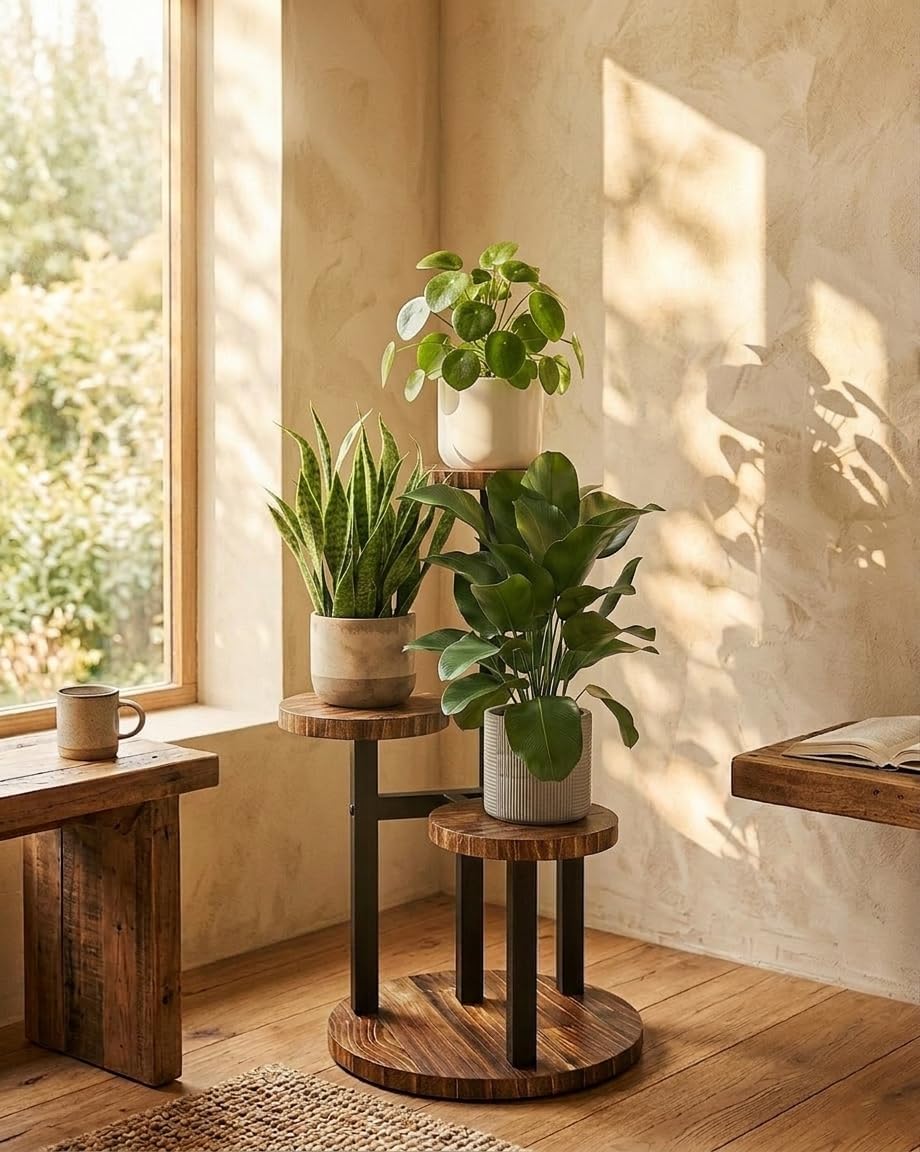 Bamworld Corner Plant Stand Indoor Metal Wood Plant Shelf Outdoor Tall Plant Stands Plant Tables Indoor Plant Rack 3 Tier Plant Stand Garden Accessories for Living Room Balcony Patio