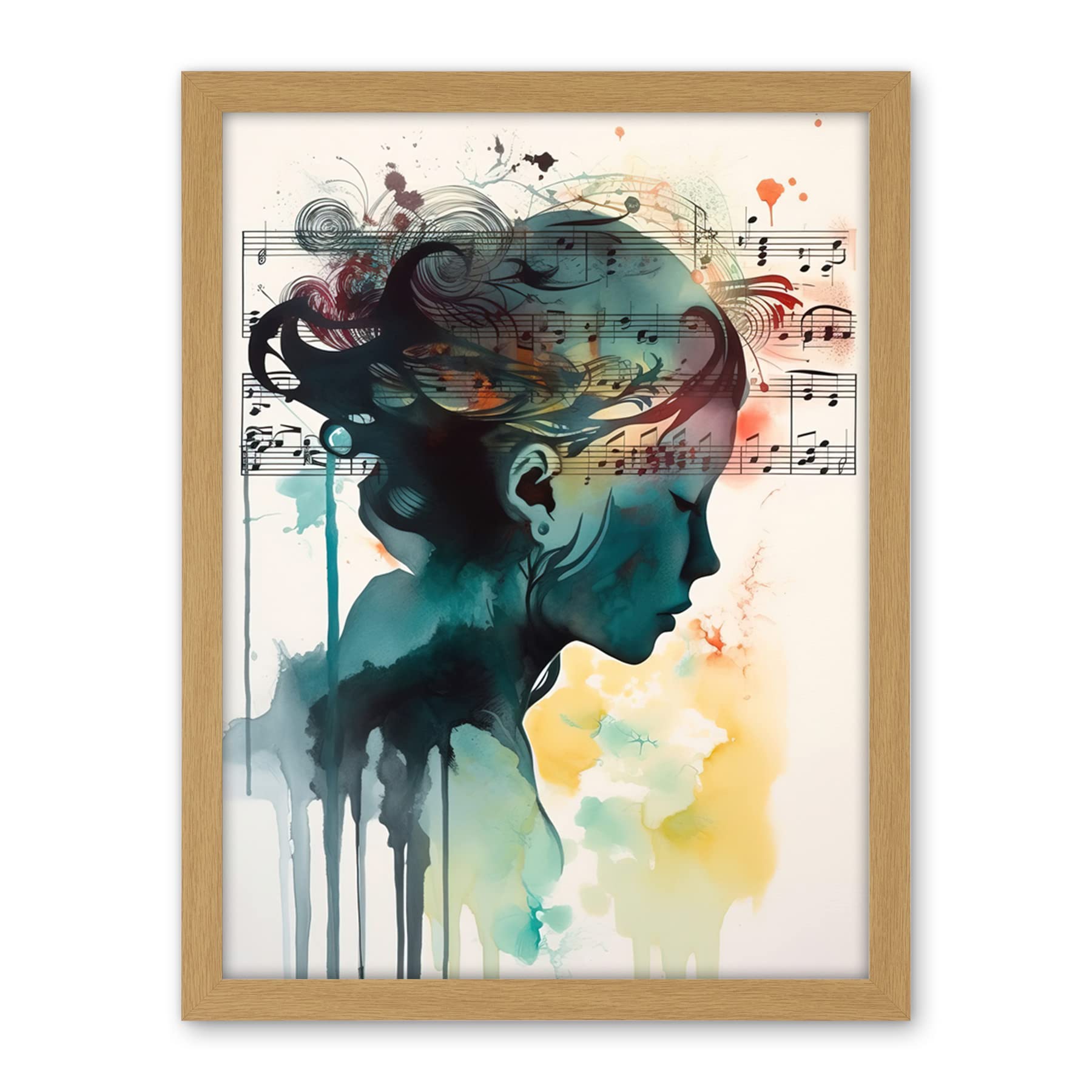 Artery8 Music on my Mind Singing in my Head Modern Portrait Watercolour Illustration Artwork Framed Wall Art Print 18X24 Inch
