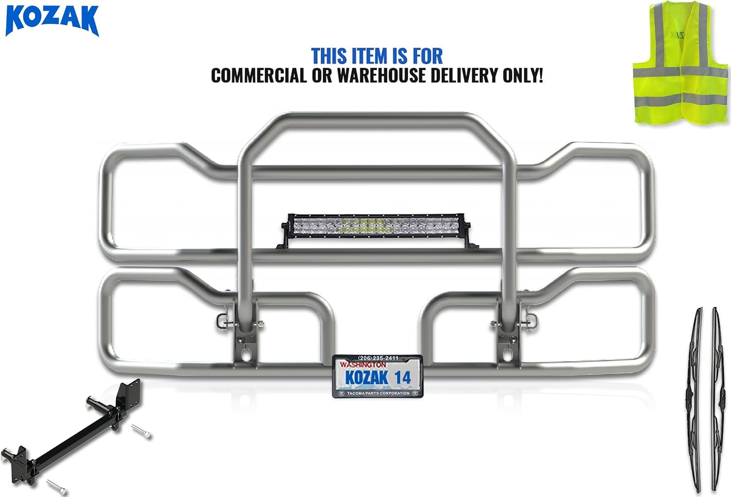 KOZAK Chrome Front Grille Deer Brush Bumper Guard Compatible with International LT625 Includes Brackets, 22" LED Light Bar, Logo, Wipers, License Plate Holder and Frame, Reflective Vest
