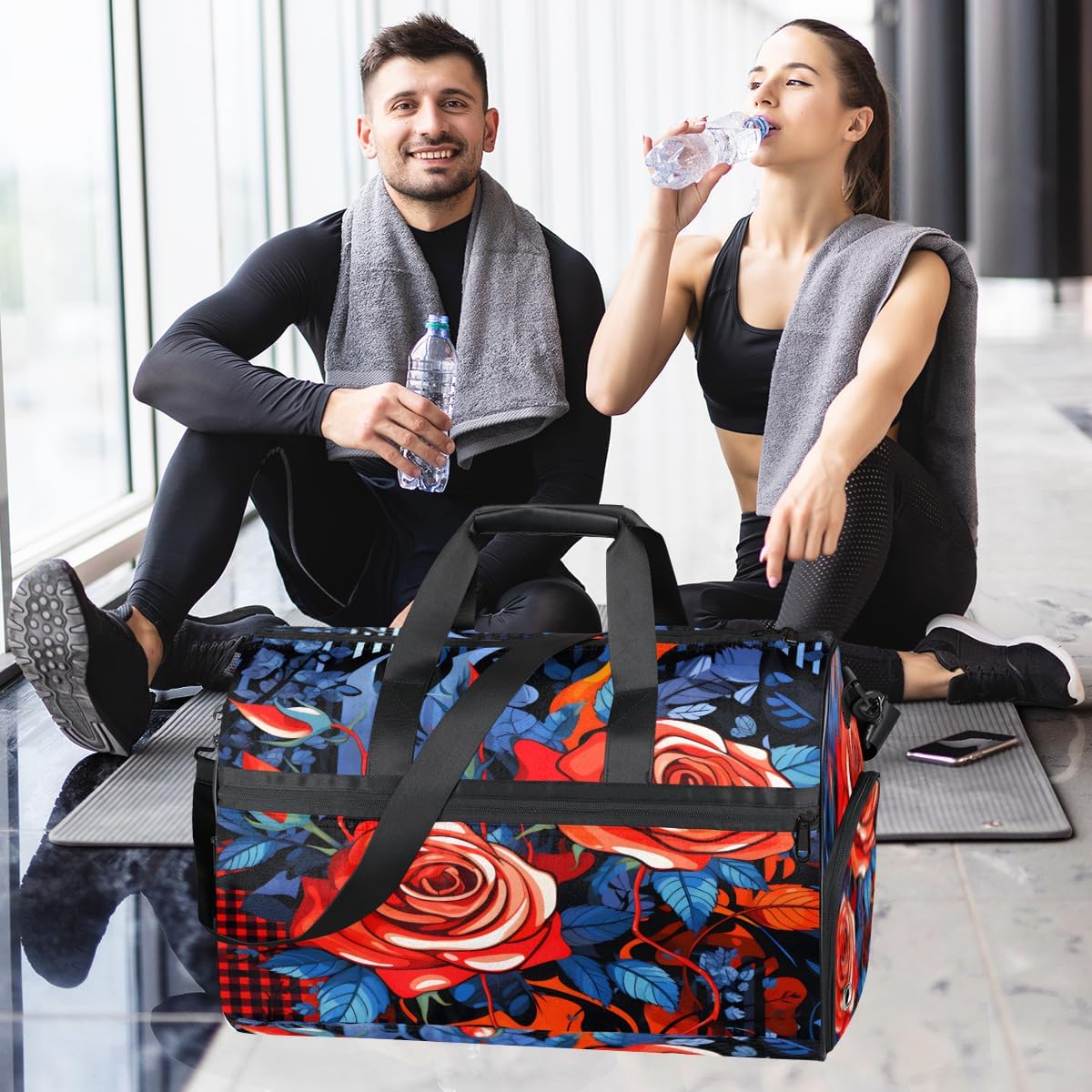 Rose Valentines Leaves Travel Duffel Bag Sports Tote Gym Bag with Wet Pocket & Shoes Compartment Foldable Weekender Workout Bags Carry on Luggage Handle Overnight Bags for Women