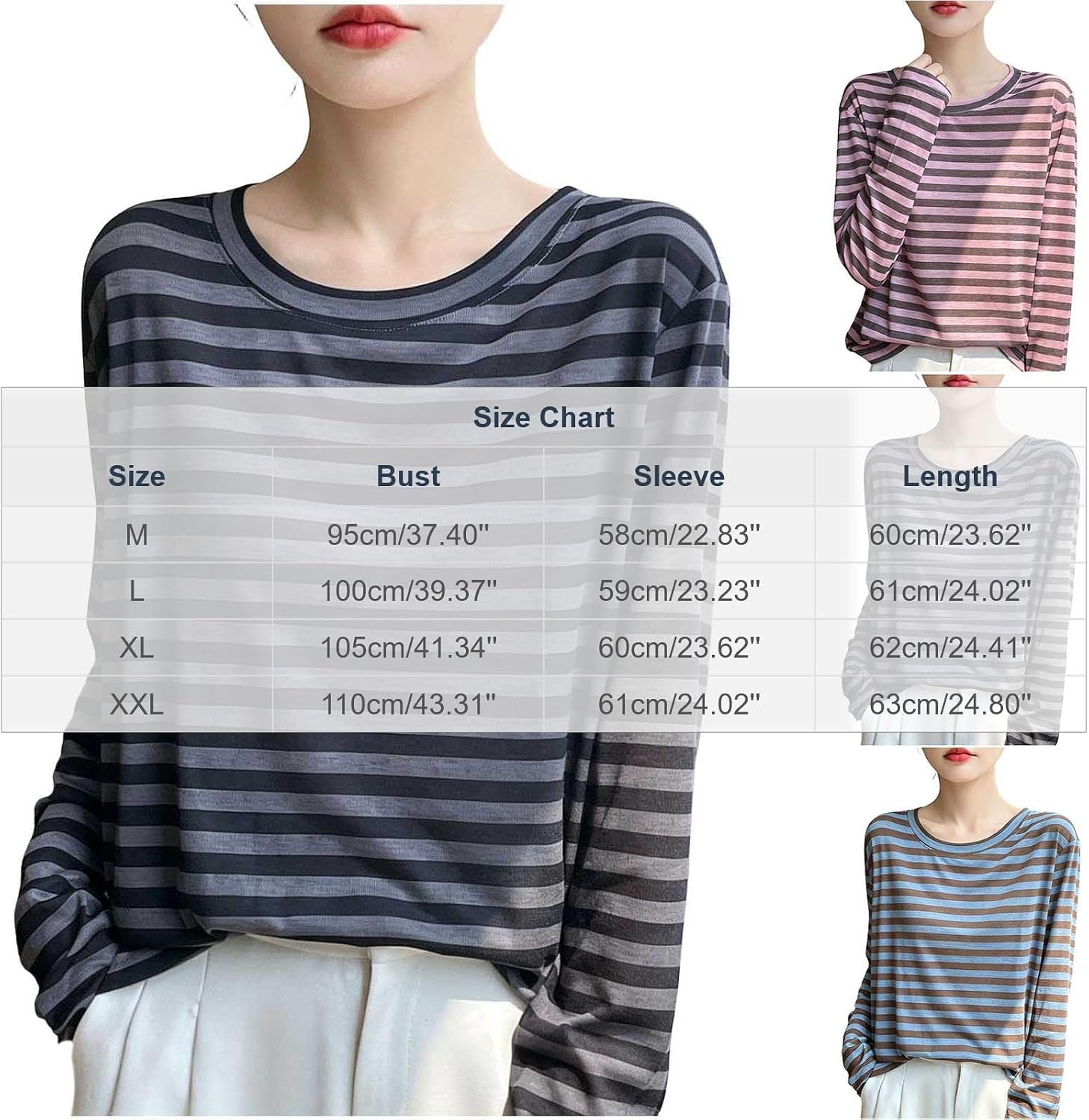 Women Striped Long Sleeve Shirt Crewneck Casual Fall Spring Lightweight Tops Y2K Fashion Loose Fit Blouses Clothes