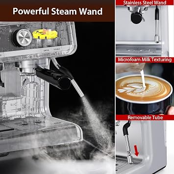 Acekool 20 Bar Espresso Machines with Grinder, Professional Espresso Maker with Removable Water Tank, Milk Frother Steam Wand for Latte&Cappuccino (Silver)