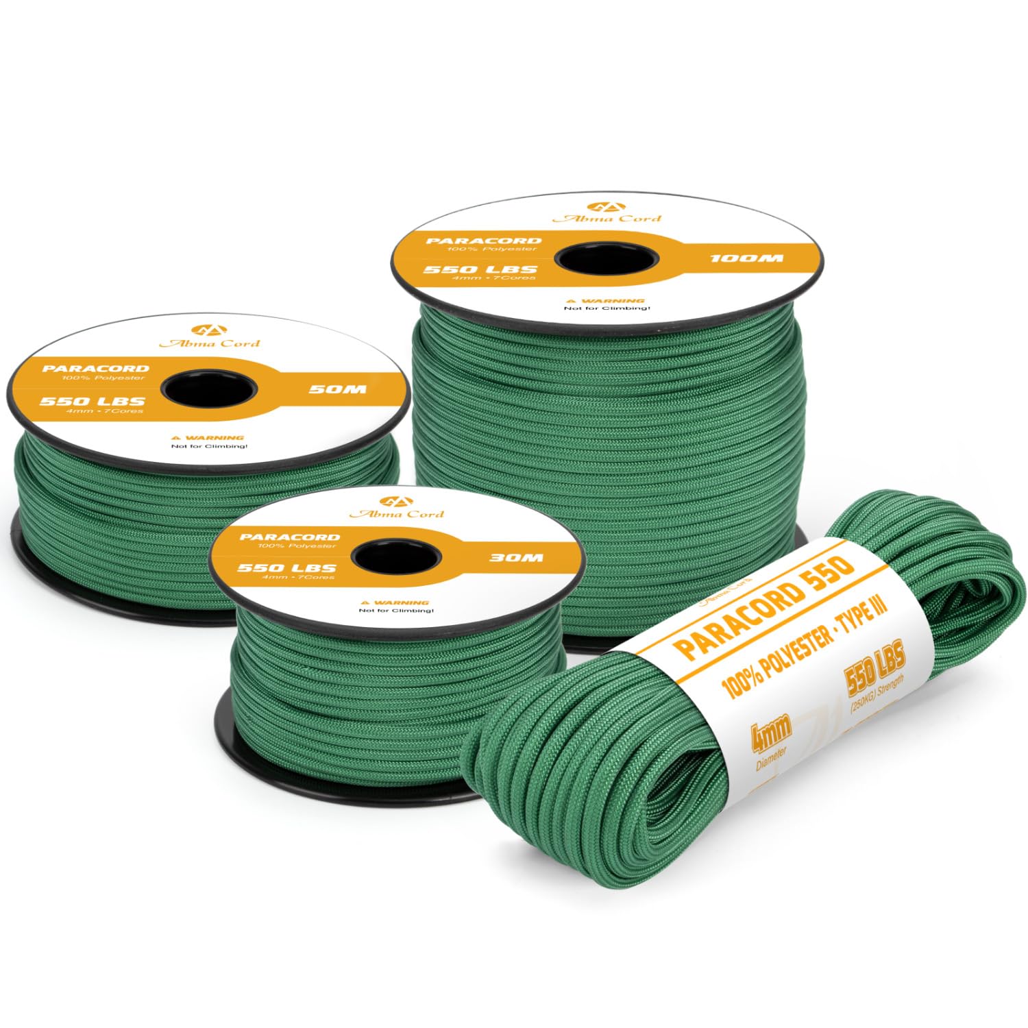 Abma Cord 550 Paracord 4mm 100m Rope 7 Strands Type III Parachute Cord for Crafting, Camping, Survival, Outdoor - Max. 250kg - Kelly Green