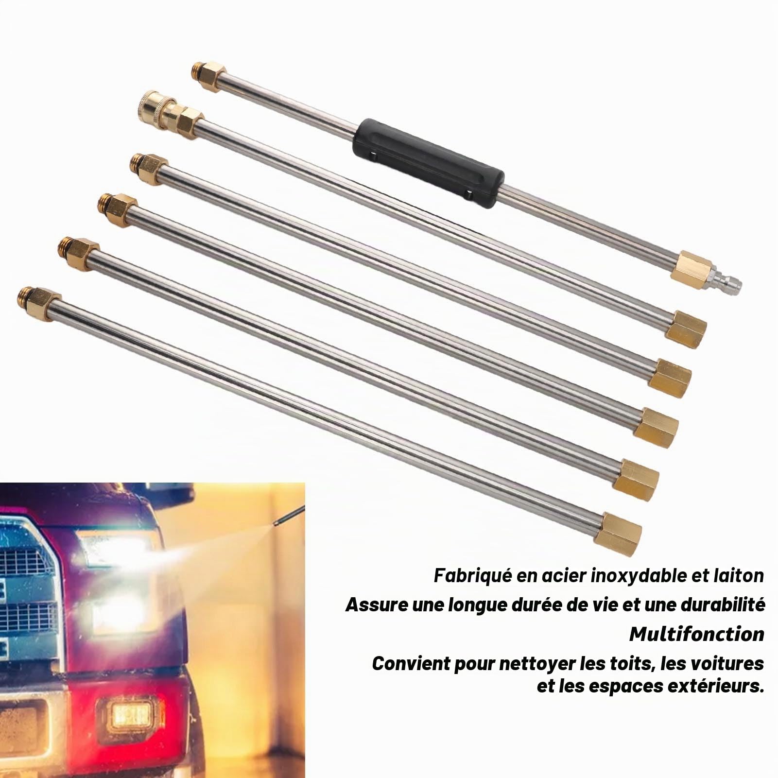 Lance de nettoyeur haute pression, extension robuste en acier inoxydable et laiton pour efficacité améliorée polyvalence toit voiture extérieur connecteurs rapides 1/4 pouce longue portée sécurisée