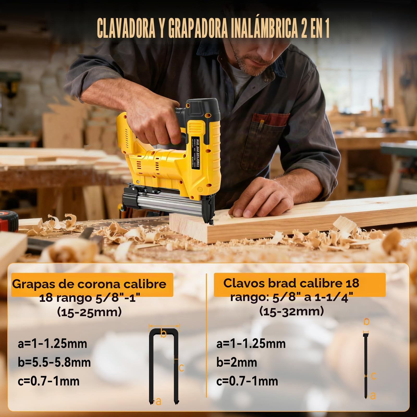 Clavadora inalámbrica 18GA mejorada, compatible con la batería Dewalt 20V, pistola clavadora eléctrica sin escobillas con 1000 clavos y 1000 grapas para mejoras en el hogar, bricolaje y carpintería.