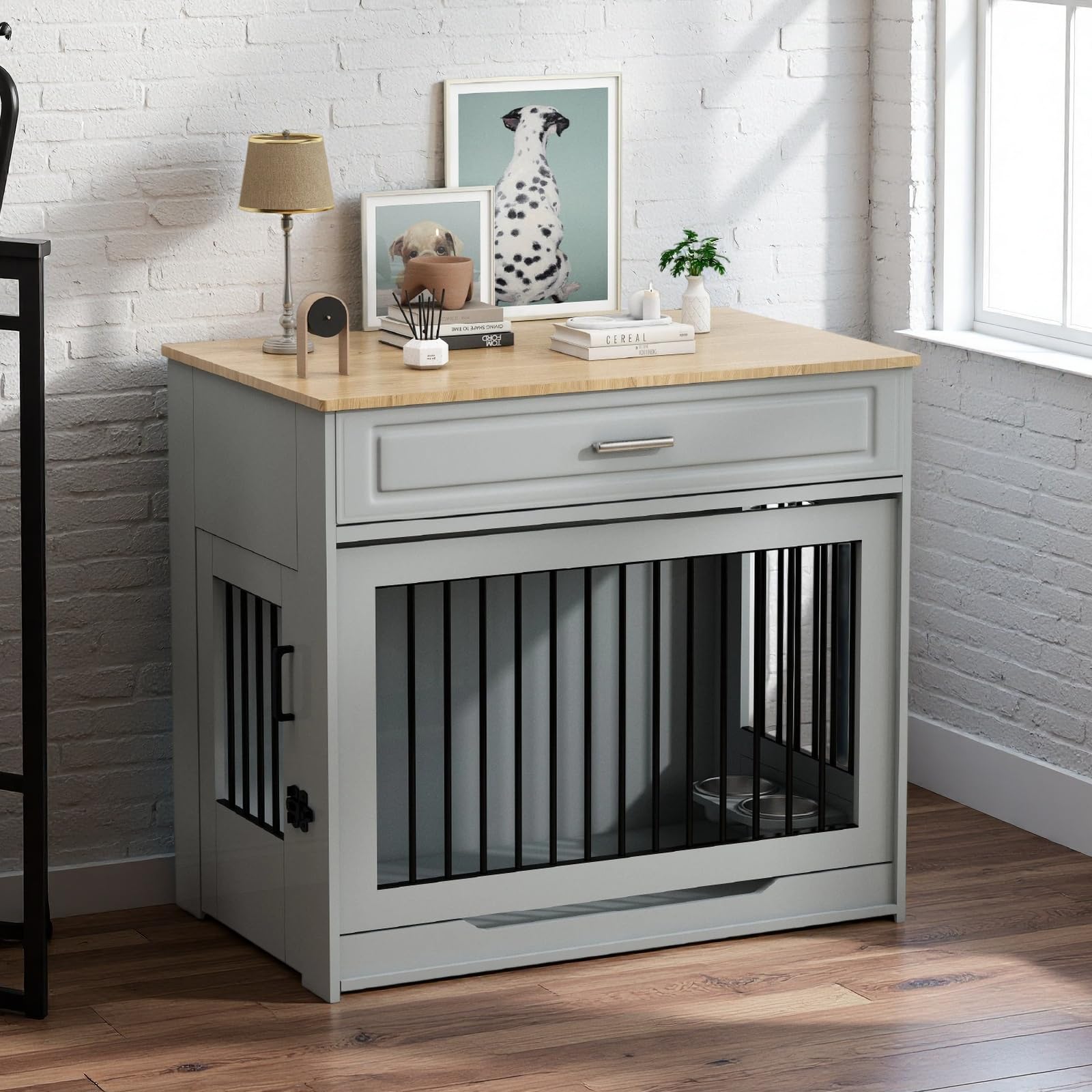 DAWNYIELD Dog Crate Furniture, Wooden Dog Cage with Up-and-Over Sliding Door and Drawer, Furniture Style Indoor Dog Kennel End Table with 360°Rotatable Dog Bowl Grey