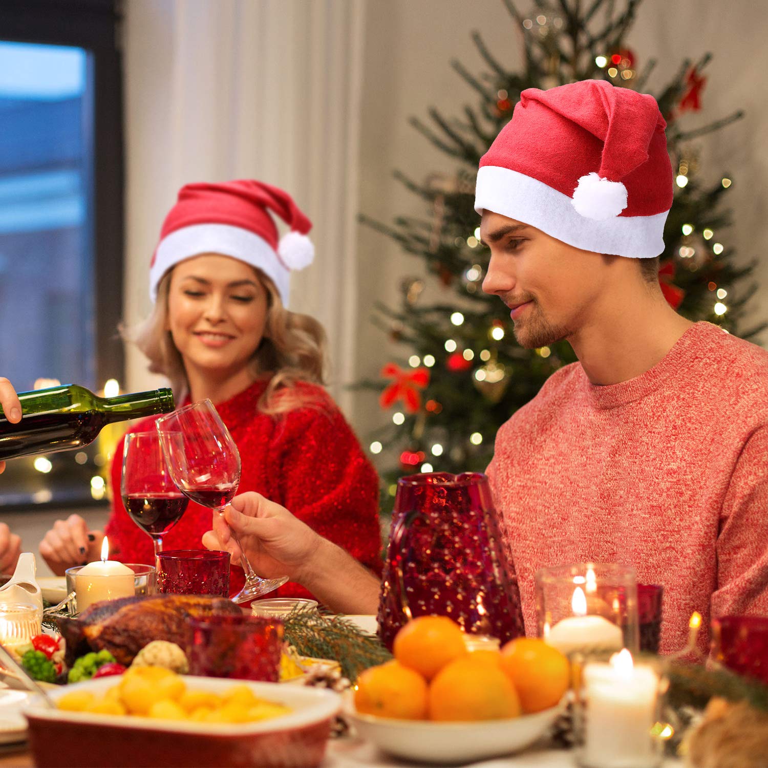 Geyoga Lot de 24 bonnets de Père Noël doux en vrac pour homme et femme en tissu non tissé avec pompons (30 x 40 cm, rouge)
