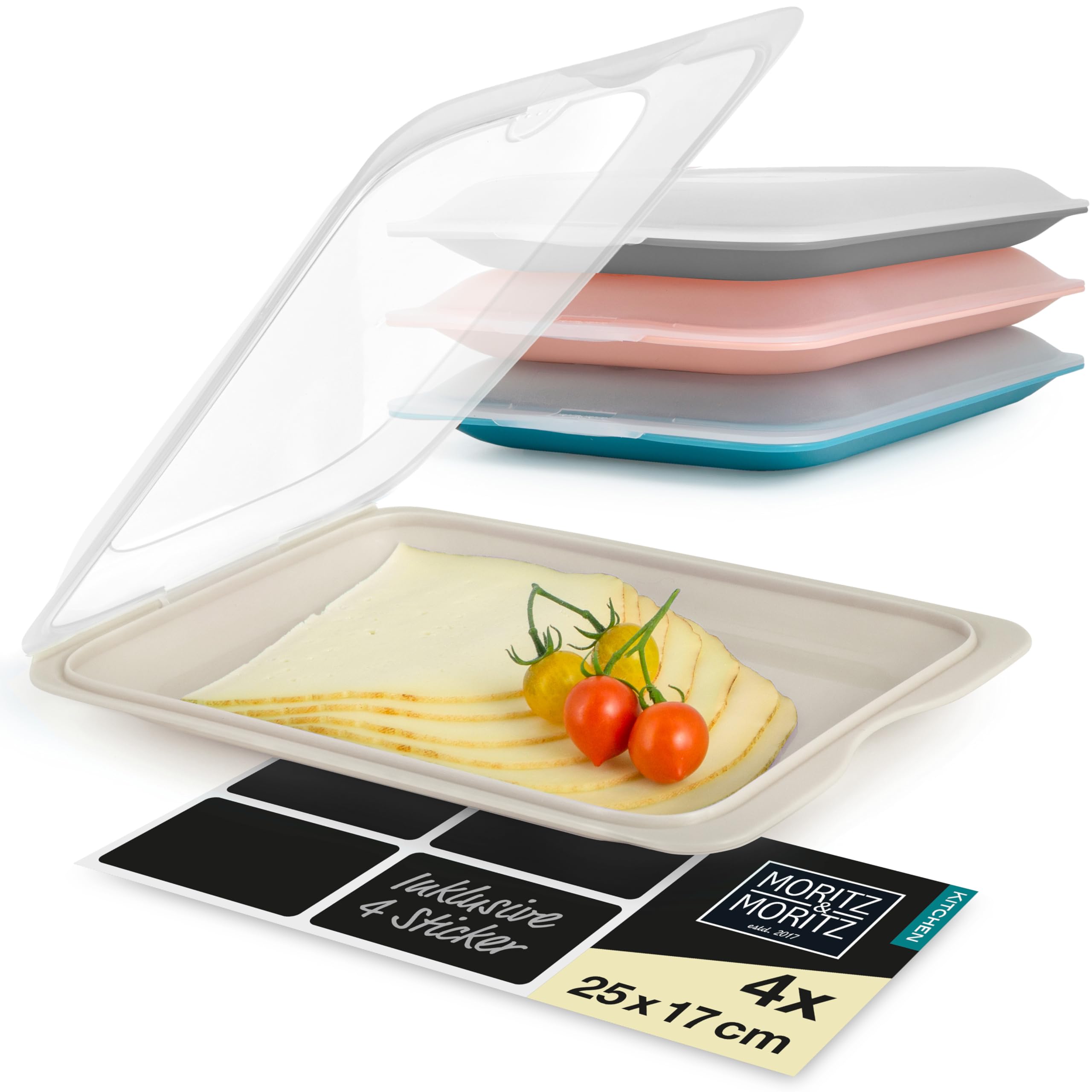 Moritz & Moritz Coloured 4X Cold Meat Containers For Fridge - Stackable - Colourful - Airtight Cold Cuts Storage Containers With Lids For Storing Cold Meats, Cheese Etc. - With Stickers For Labelling