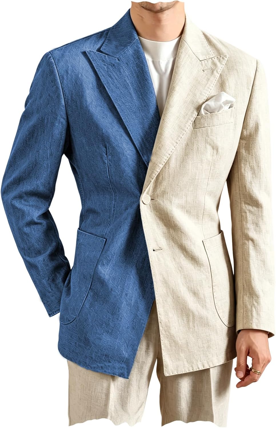 Men's Denim-Like Splicing Linen Suit Jacket Slim Fit Sports Coat Blazer Breathable Cool Wedding Party Prom