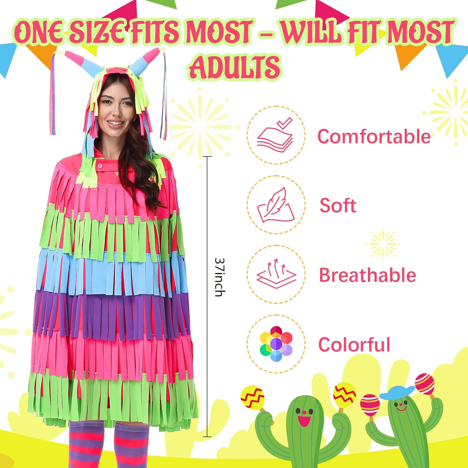 Vibrant Piñata Costume for Women, Adult Pinata Halloween Hooded Cape and Socks for Halloween & Party Dress-Up Celebrations Mexican Style