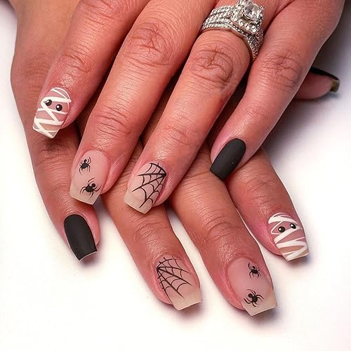 Halloween Press on Nails Medium Square Fake Nails Matte Glue