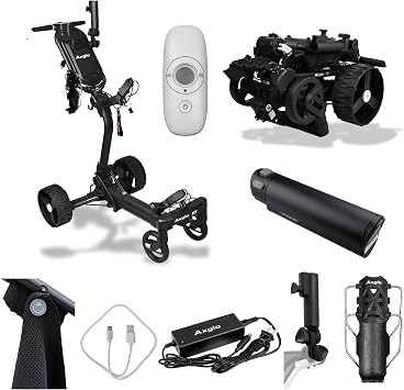 e5 Electric Golf Cart with Follow Technology, Remote Control, Power Assist, 40 Anti-Tipping, Ultra-Compact Fold, Top 1 Trolley w Accessories - Umbrella, Drink, Phone & Magnetic Holder