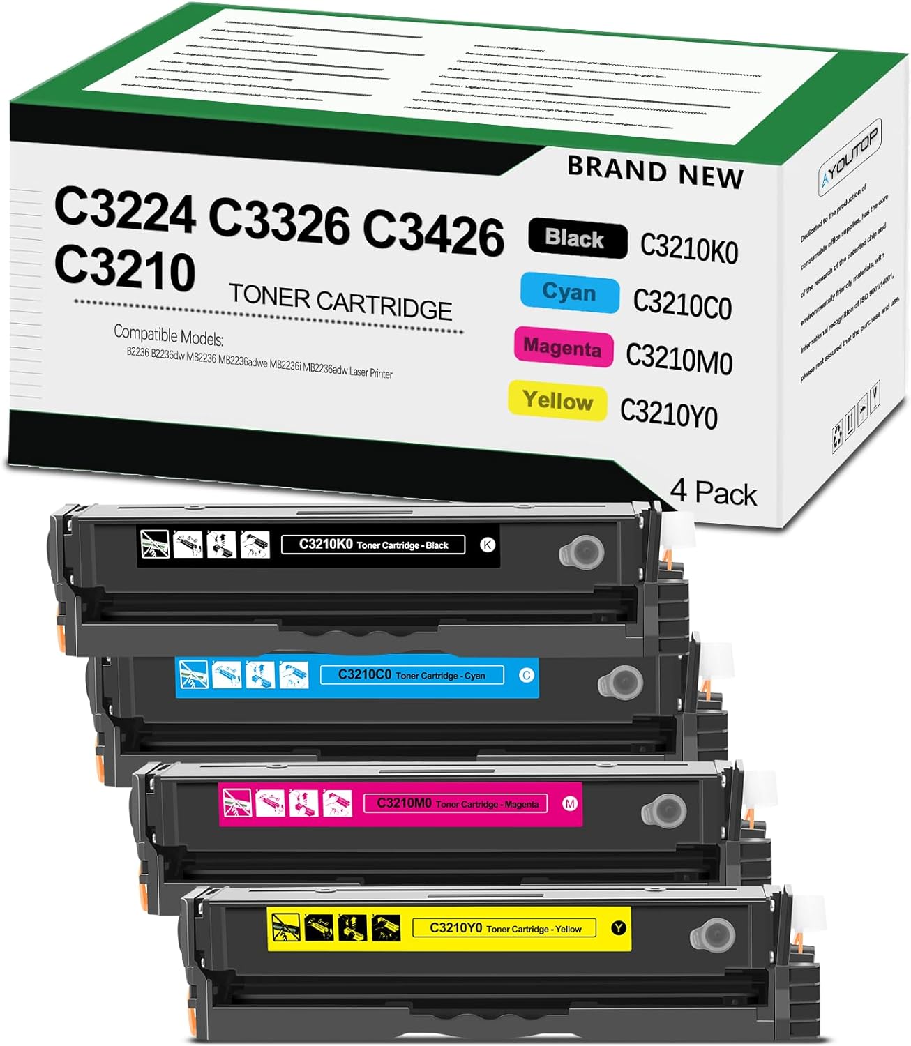 C3224 C3326 C3426 C3210 Toner Cartridge 4-Color Set C3210K0 C3210C0 C3210M0 C3210Y0 Toner Replacement for Lexmark C3224 C3326 C3426 MC3224 MC3326 MC3426 Series Printers