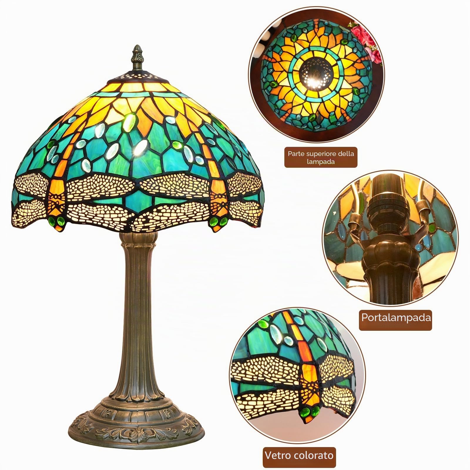 Lampada Tiffany Green Dragonfly Style Lampade di vetro macchiato Camera da letto Lampada da comodino per Office Art Craft Decor Antico Accent Comodino Estetico Retro Metallo Lettura 12 pollici
