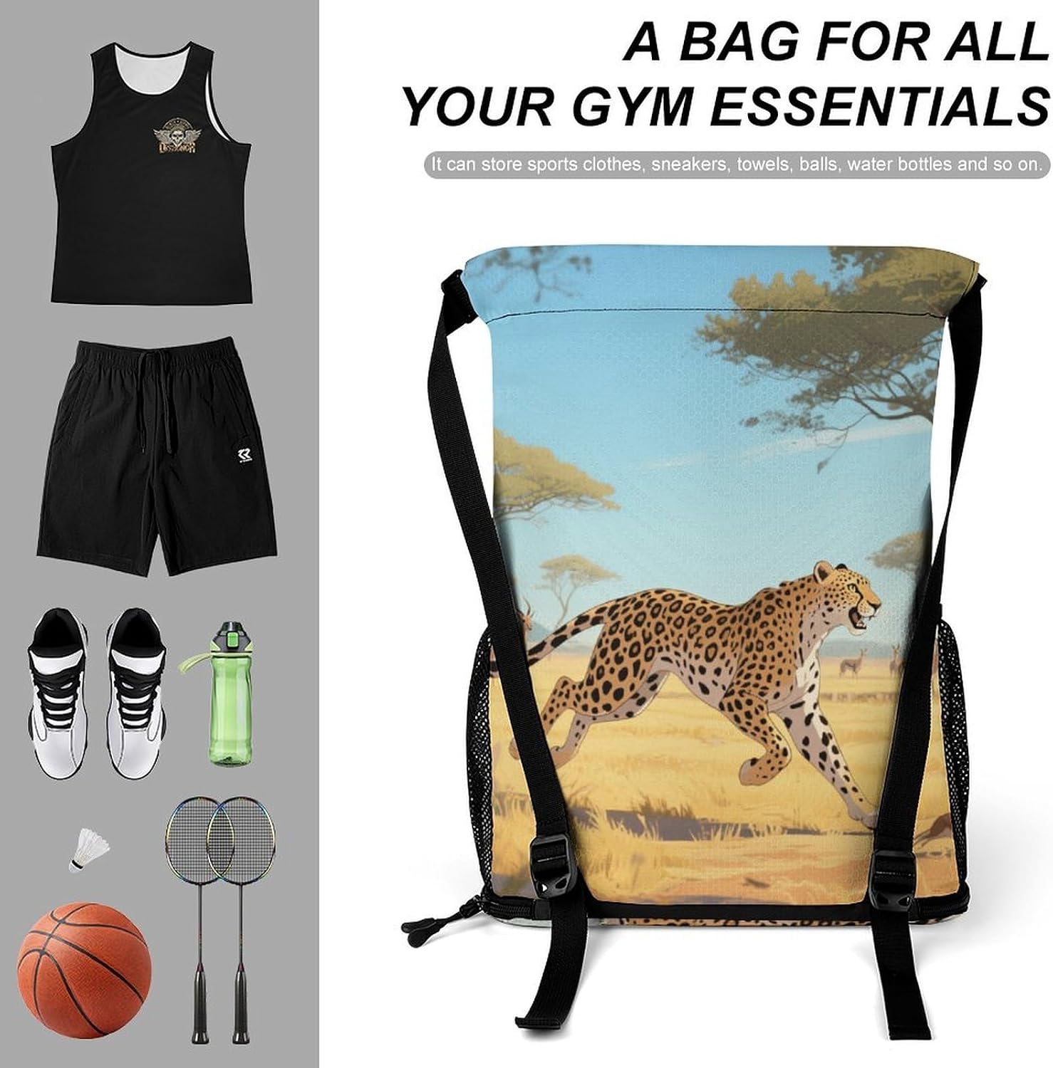 Small Gym Bag Cheetahs on The Grasslands Printed Drawstring Gym Bag for Men Lightweight Waterproof Drawstring Backpack for Women with Shoe Compartment for Travel Tourism Work And Fitness