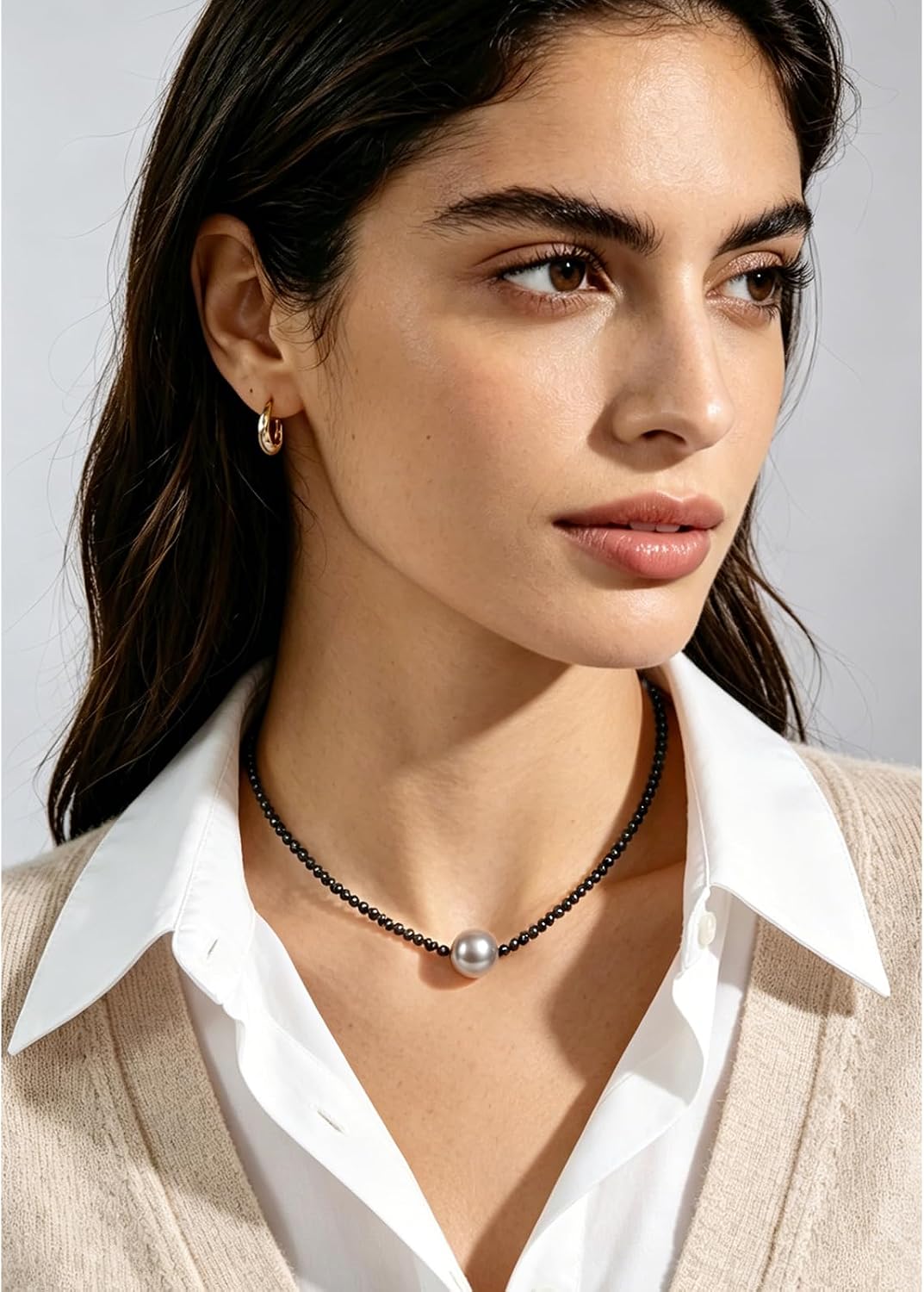 Single Pearl Choker Pendant Necklaces for Women, Natural Gemstone Womens Black Stone Beaded Choker Necklace, Dainty Round Freshwater Pearl Handmade Jewelry Gift Women Birthday Bridesmaids Anniversary 16 18 inch