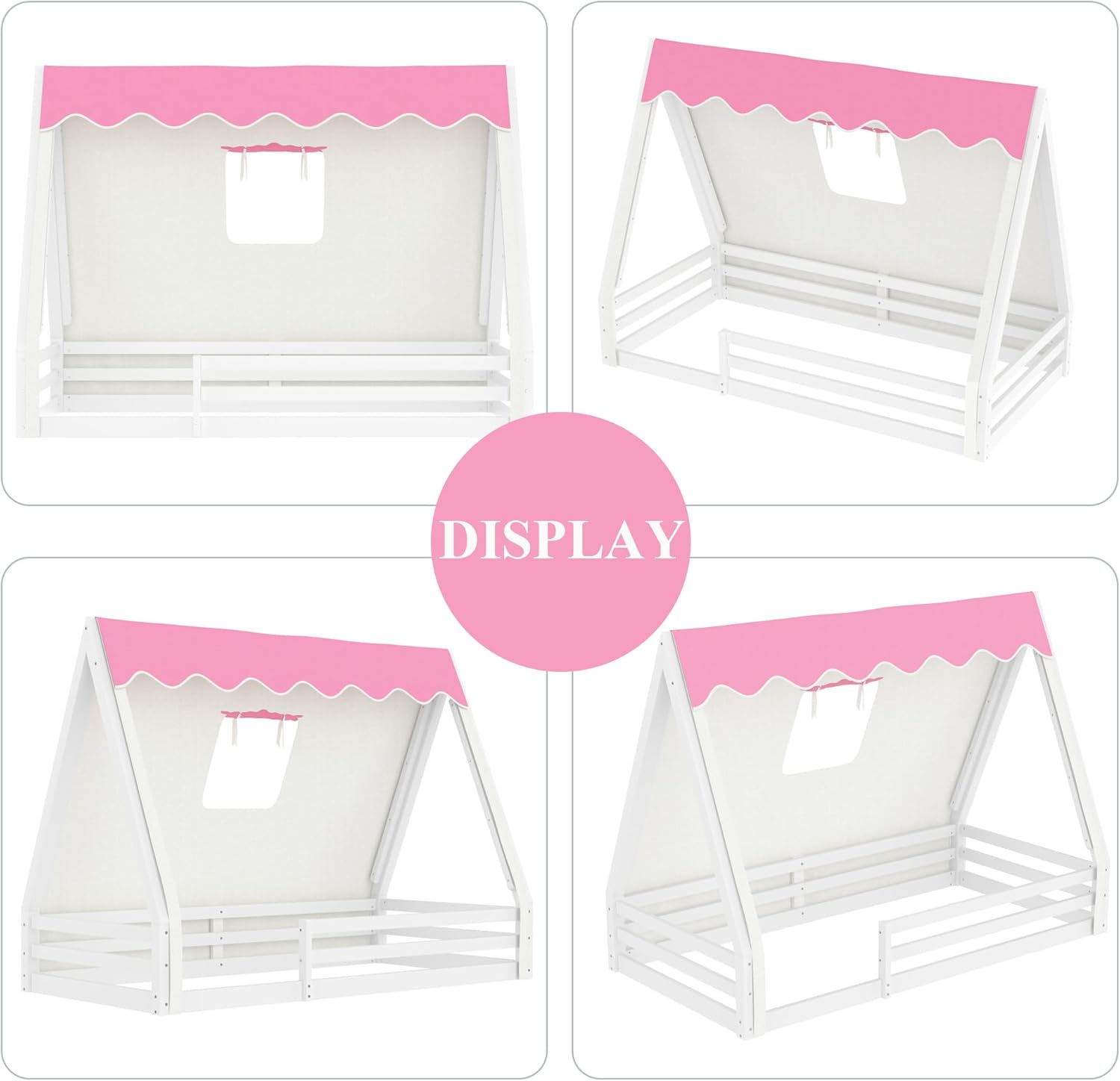 Bellemave Twin Size Kids Floor Bed with Tent & Lights Strip, Solid Wood Montessori Bed Frame with Full-Length Guardrails, Teepee Floor Bed with Christmas Atmosphere for Girls Boys (White+Pink/Twin)