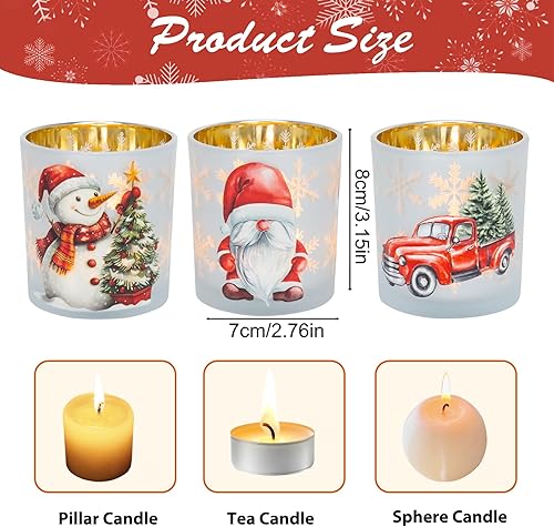 Miniatura 2 de Portavelas votivas de Navidad, juego de 3 portavelas de cristal blanco dorado rojo para centros de mesa de Navidad, portavelas de té de Navidad con