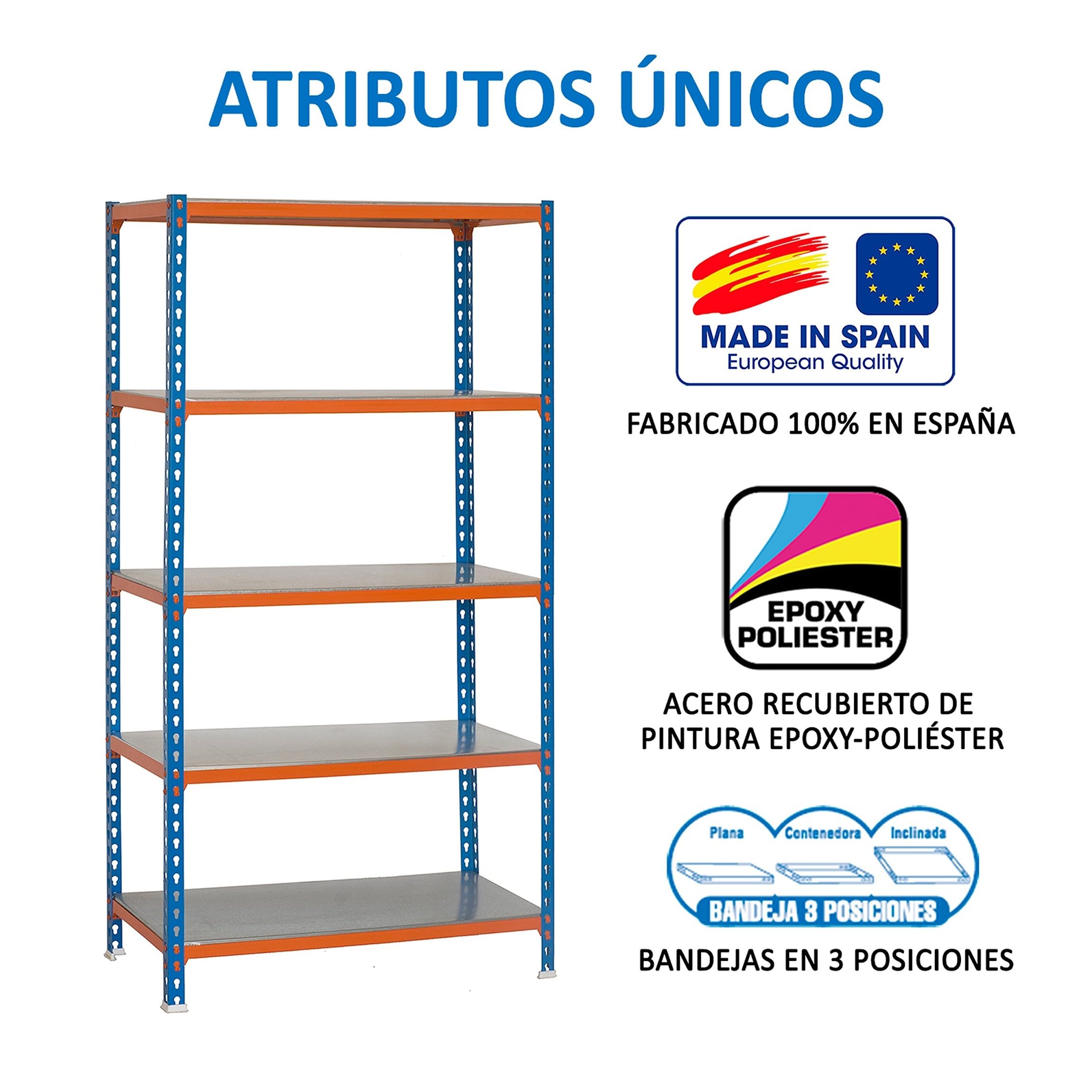 SimonRack Estanteria Metalica, 5 Baldas Ajustables, 200 kg de Punto Flexión, 2000x1100x500 mm, Estantería Almacenaje, Sin tornillos, Azul/Naranja/Galva - Simonclick | 5 Alturas, Bandeja Metal, 200 kg de Punto Flexión, Azul/Naranja/Galva, Pintura anticorro