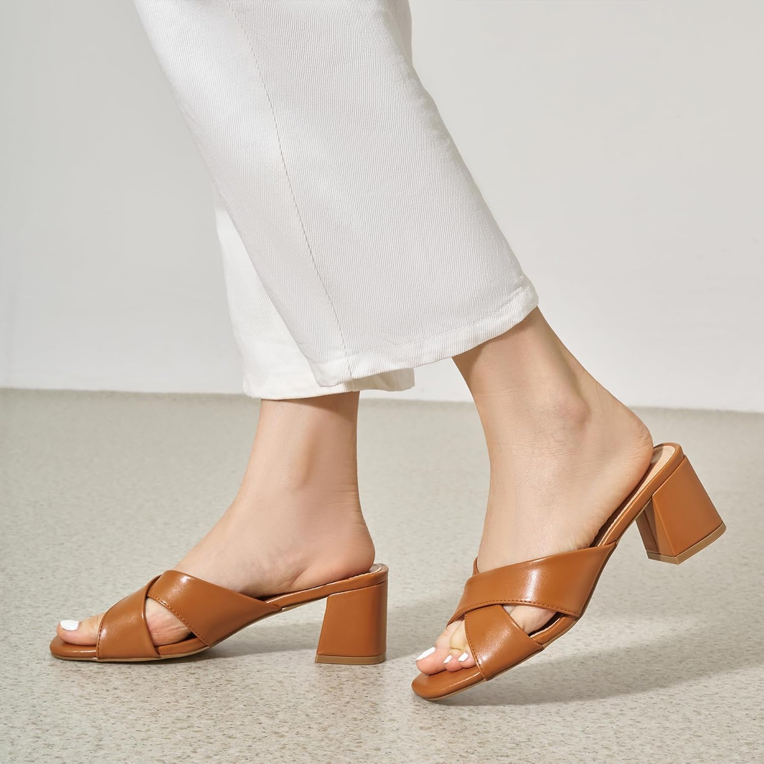 Rekayla Women's Square Open Toe Heels Heeled Sandals Low Block Chunky Heels Cross Strap Slip on 2.5 Inch Heel Sandals Comfortable Casual Summer Mules Shoes - Image 2