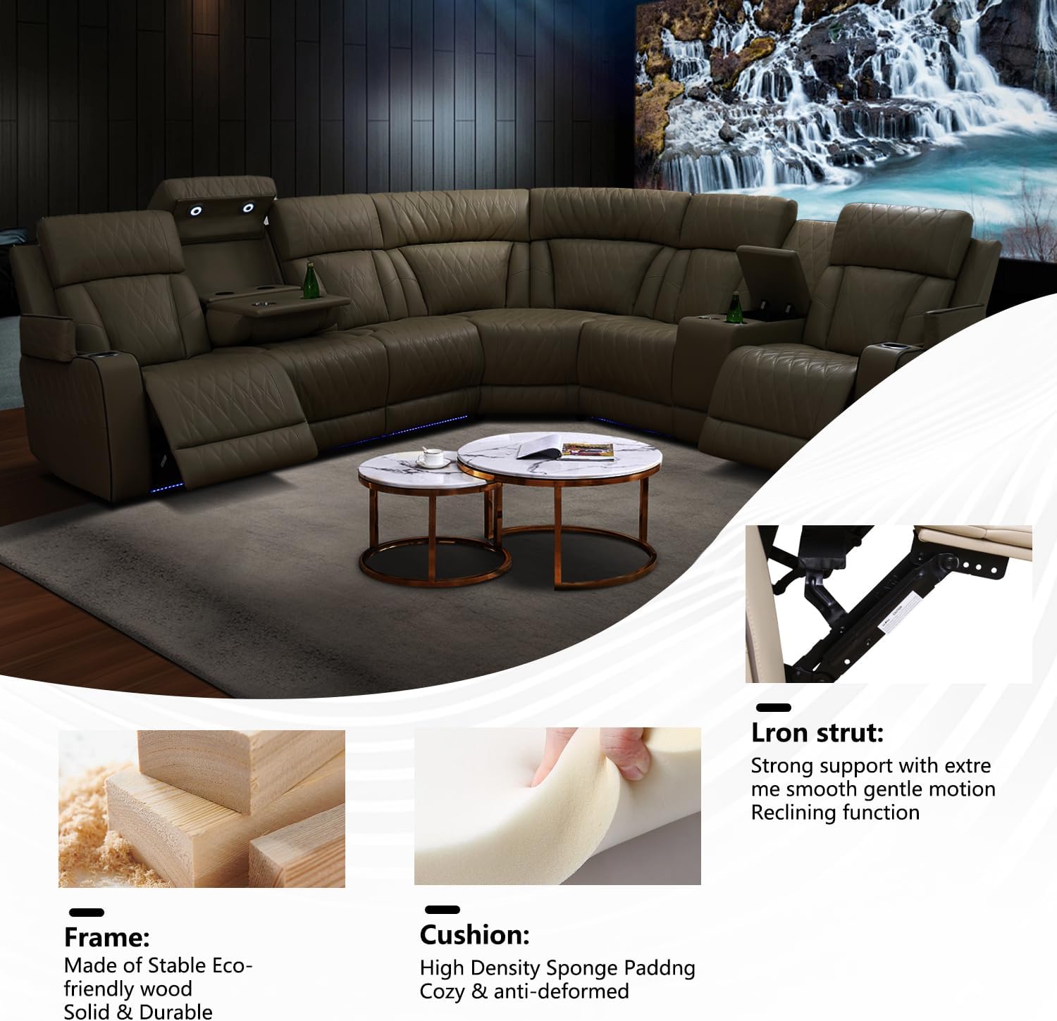 Power Recliner Sectional Sofa with LED Lighting, Breathing Leather Corner Couch with USB Port and Storage Console, Cup Holders, Reading Light – Home Theater & Living Room Seating (Beige)