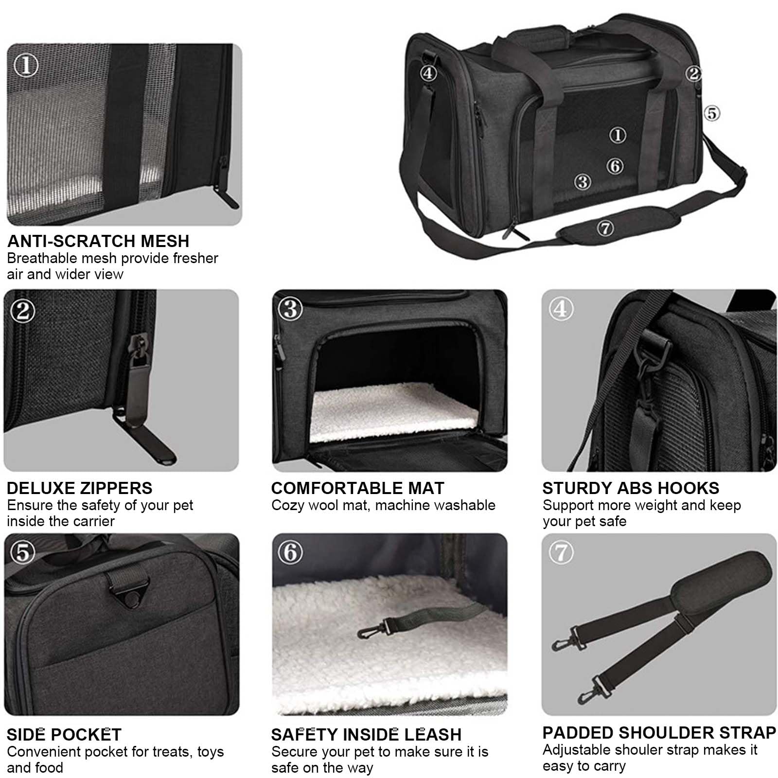 Bolso Transportín Gatos y Perros, Bolsa de Transporte Plegable Transporte para Mascotas, Portador de Viaje con Correa de Hombro para Gatos Pequeños, Medianos, Perros y Conejos (Negro)
