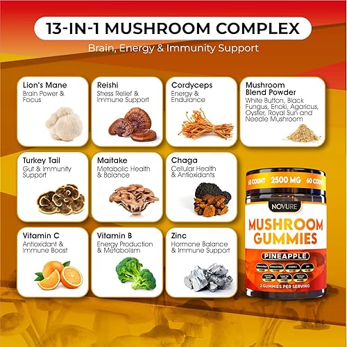 Miniatura 3 de Gomitas de hongos de 2500 mg, mezcla 10 en 1 con melena de león, cordyceps, cola de pavo, reishi, shiitake, chaga, maitake, zinc, vitamina C y B,