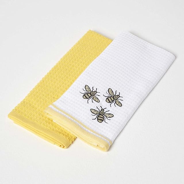 HOMESCAPES Yellow Tea Towels 100% Cotton Set of 2 Waffle Teatowels Super Absorbent Lint Free Kitchen Towels with Embroidered Bumble Bee Design, 40 x 60 cm