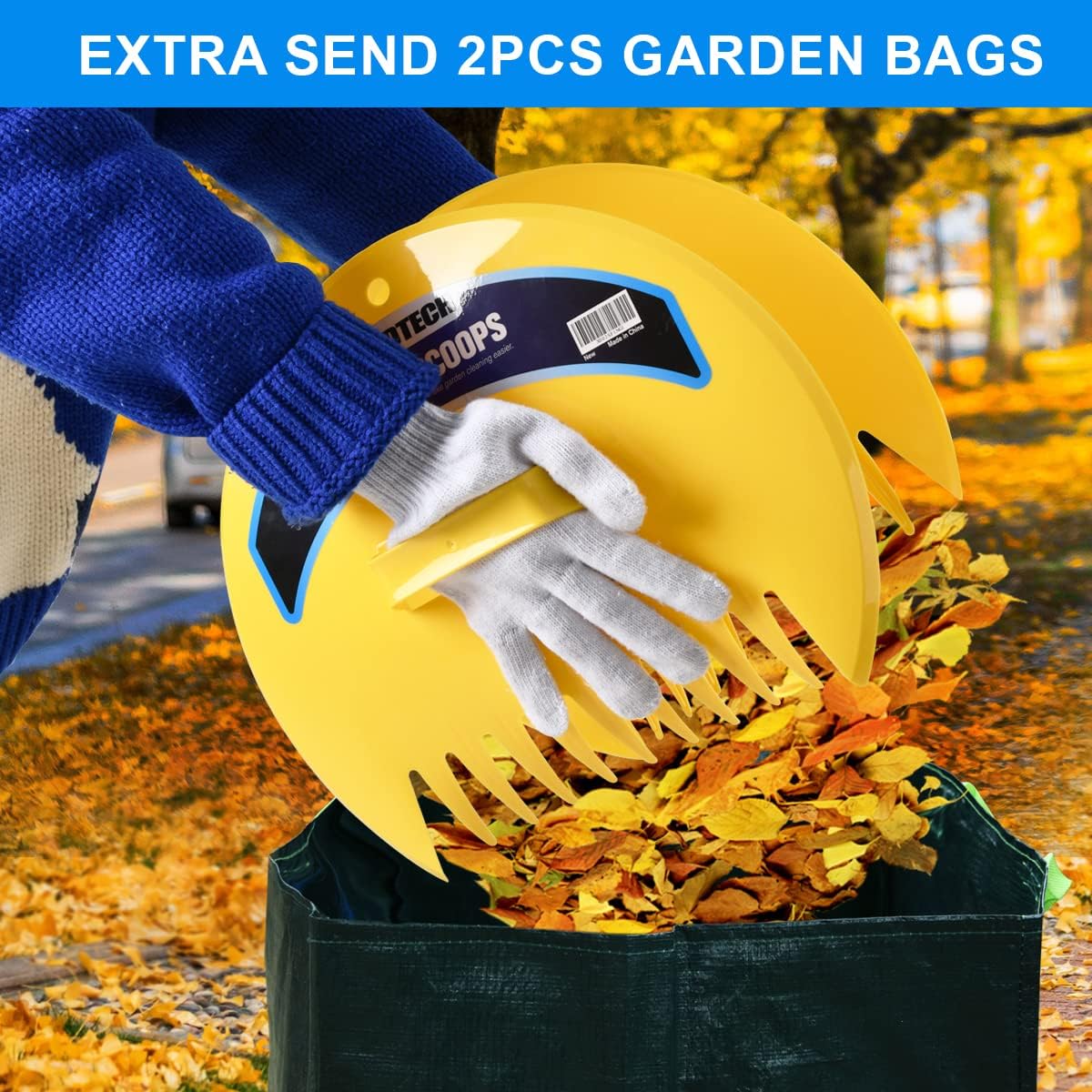 Gardtech 2 Pcs Yellow Leaf Scoops Hand Rakes Without Lawn Garbage Bags, Large Durable Ergonomic Leaf Scoops for Picking up Leaves, Grass Clippings, Fast & Easy Leaf and Lawn Grass Removal