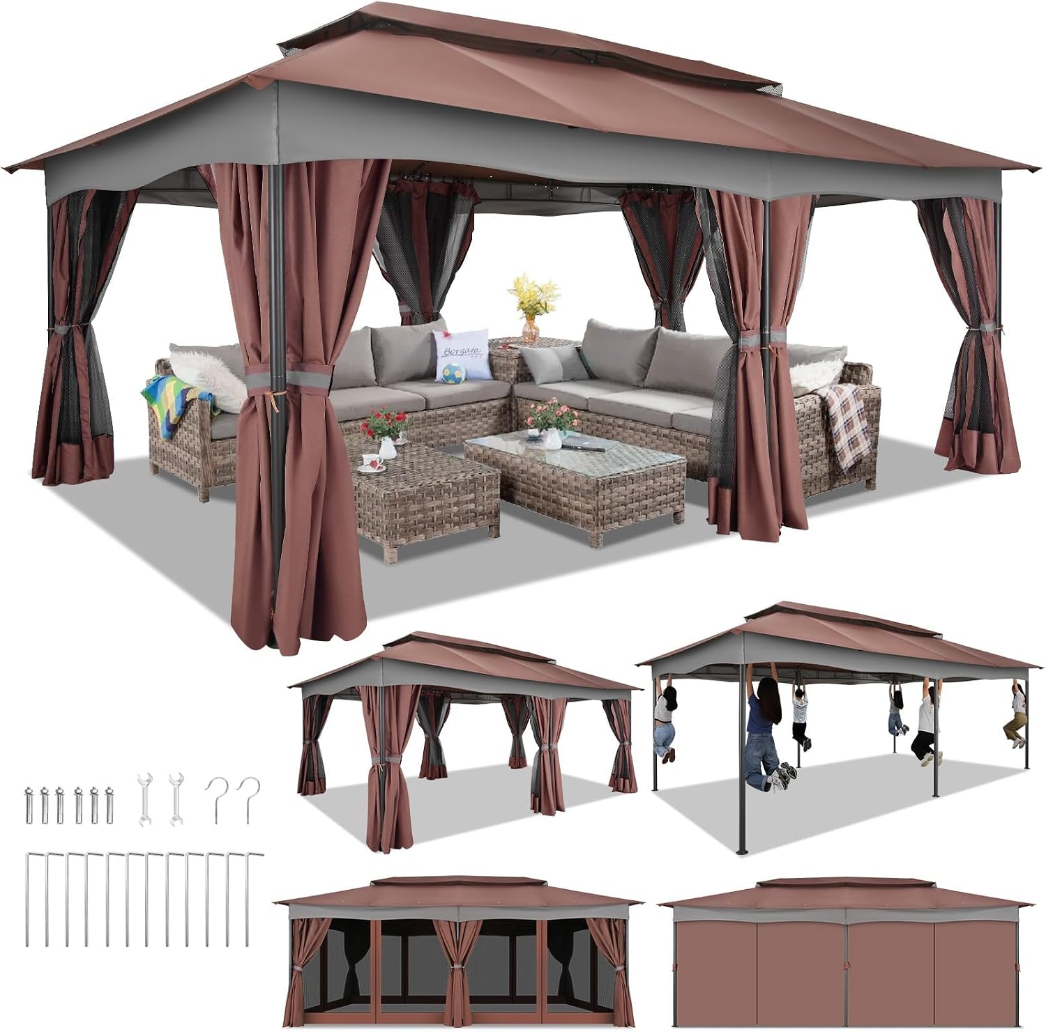 HOTEEL 12x20 Gazebo Review: Large Outdoor Shelter with Double Roof, Curtains & Mosquito Netting image 2