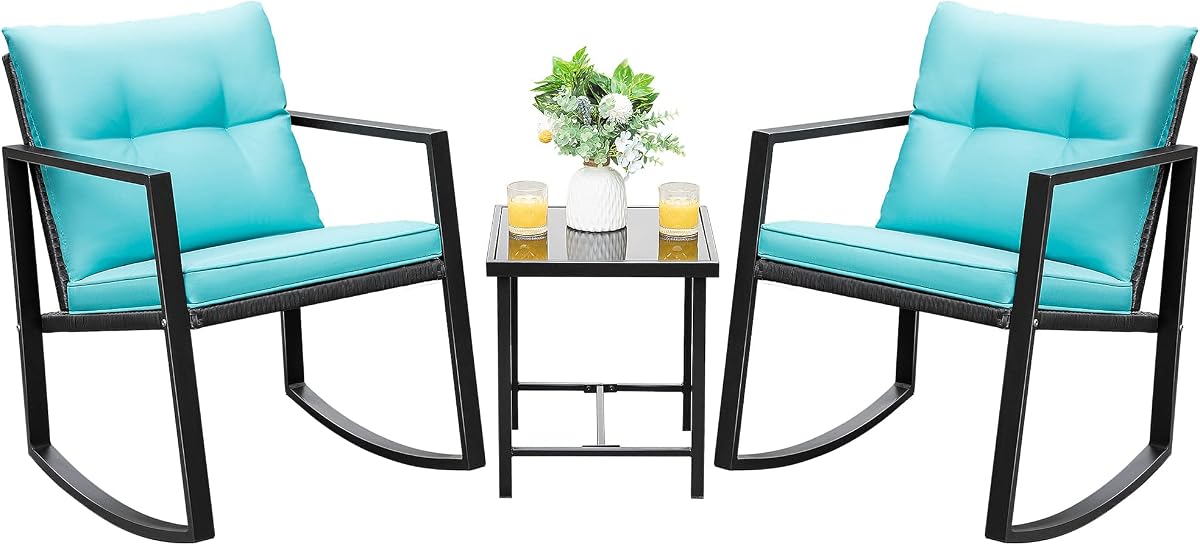 Devoko Juego de muebles de patio de 3 piezas, mecedora de mimbre para exteriores, azul | Juegos de conversación de patio de ratán PE, juegos de bistró de 2 con mesa de centro de vidrio para porche, balcón, jardín, junto a la piscina