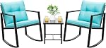 Devoko 3 Pièces Rocking Bistro Set Wicker Patio Meubles d'extérieur Chaises de porc Conversation Sets avec table de café en verre (Beige)